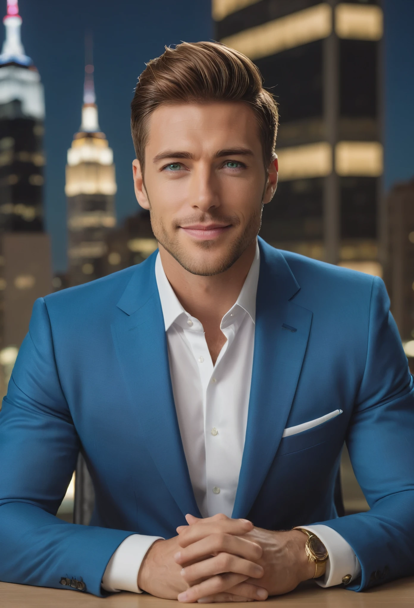 masterpiece, 1 handsome man, (green eyes), top-quality, 8K, high resolution, Realisticity: 1.4, european, Super male, muscular body, sitting at a desk, skyscraper panoramic office view, (A hyper-realistic), (high resolution), (8K), (highly detailed), (ultra-detailliert), (Natural smile) , (detailed face), professional lighting,  Facing straight ahead, (The costume a blue suit), modern haircut, 5 day shade, nighttime scene, Brown hair, age25, tall, (Facing straight ahead)