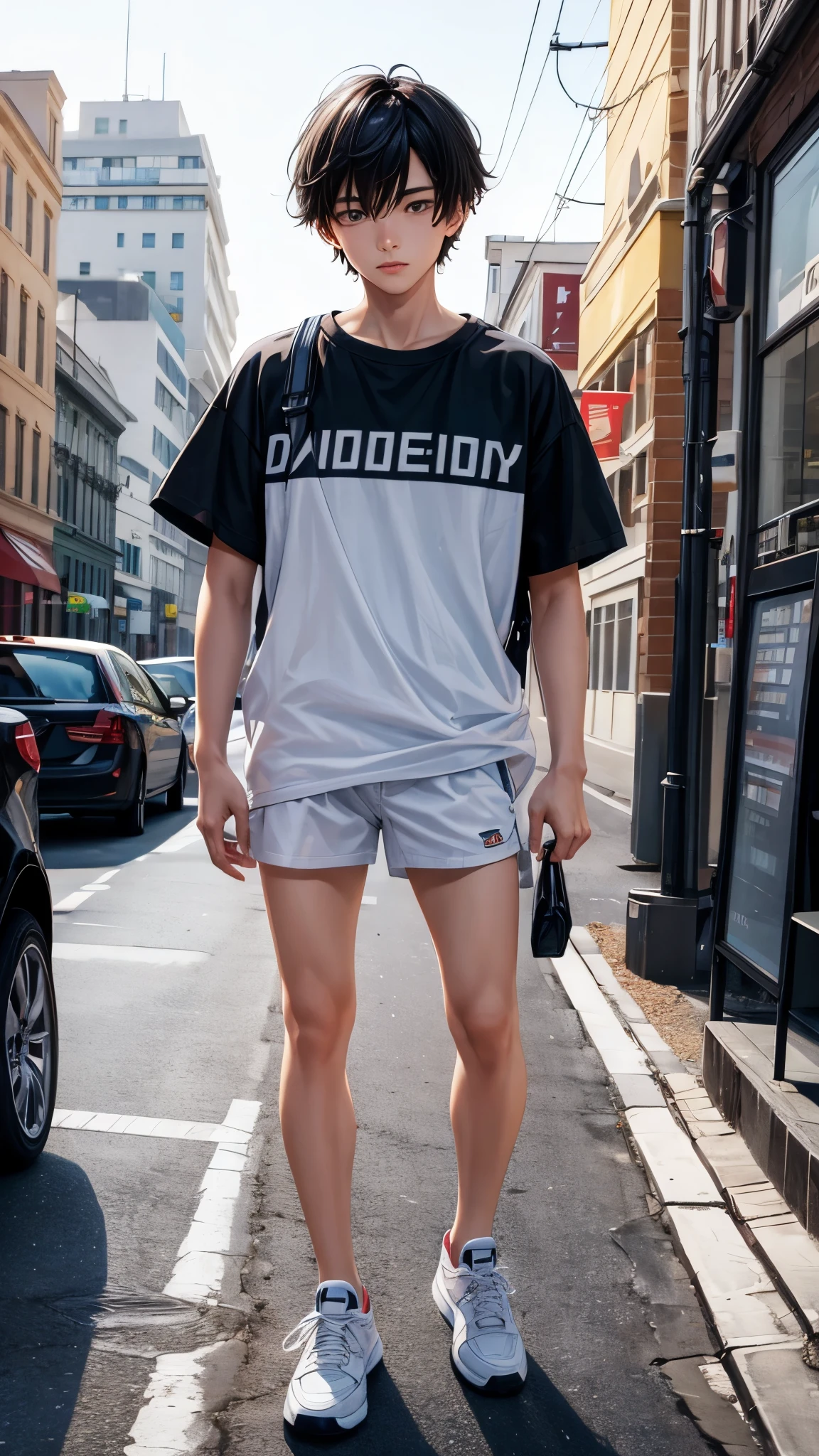 A handsome teenager with black hair, narrow eyes, thin eyebrows, a sharp nose, a thin mouth, white skin, wearing a white t-shirt, black shorts and white sneakers.