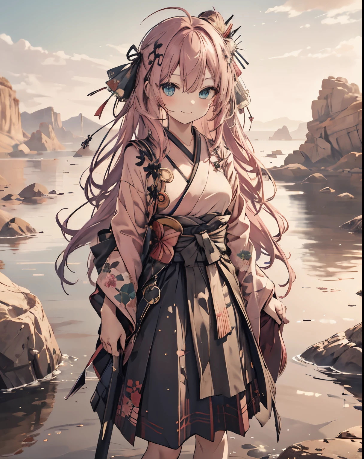 masterpiece,1girl, sparrow, a pink haired girl, wearing a red japanese kimono, long hair, messy hair, black skirt, slim body, small breasts, she close her left eye, shirt ornament, lolippai, innocent expression, beautiful breasts, rounded breasts, aqua eyes, dress, long skirt, standing above a rock, ahoge, hair ribbon, princess, innocent smile, plaid skirt