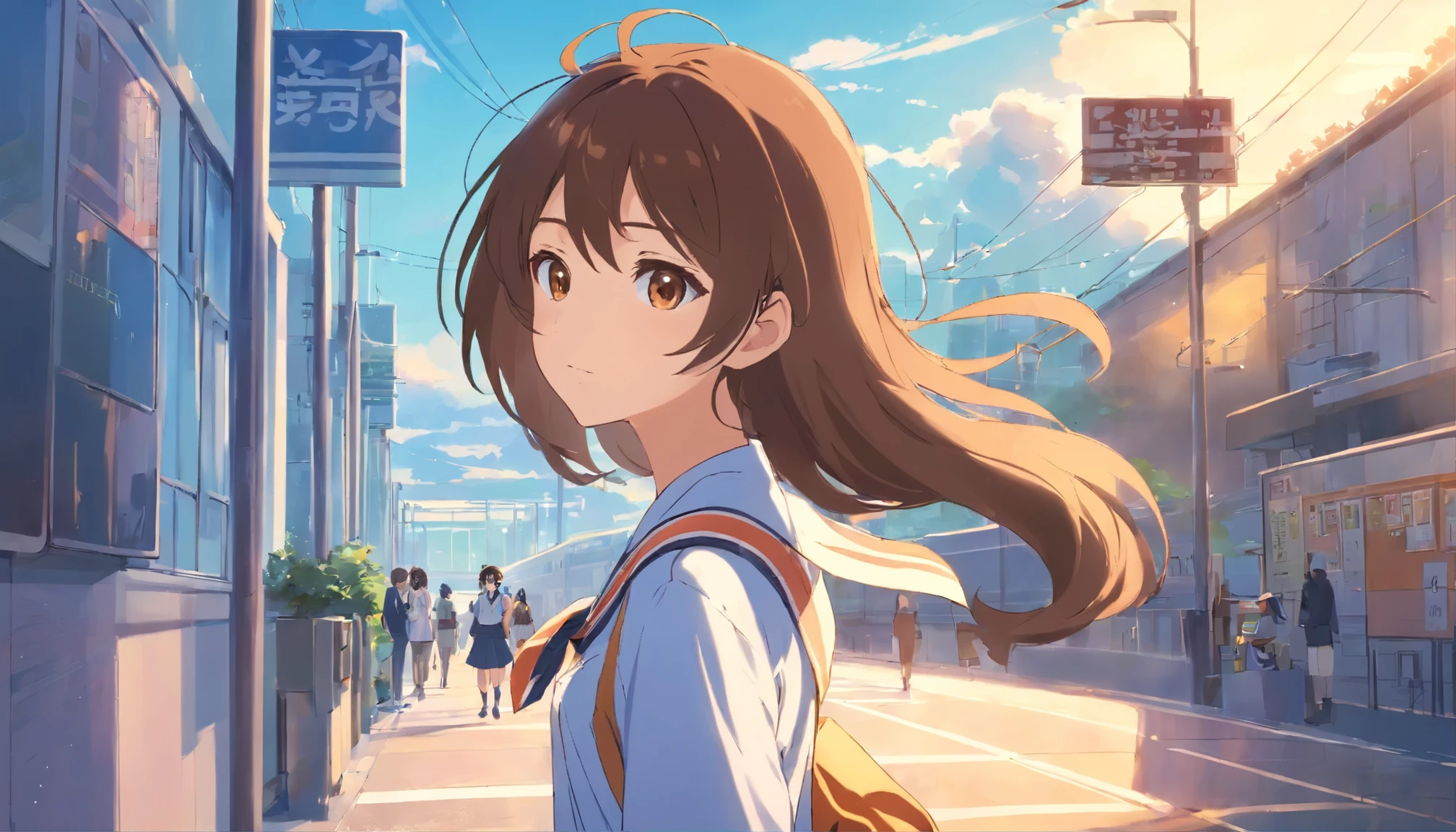 Create illustrations that depict attractive 2D anime scenes: 18 year old girl with long brown hair,brown eyes,A high school girl wearing a sailor suit is heading to school