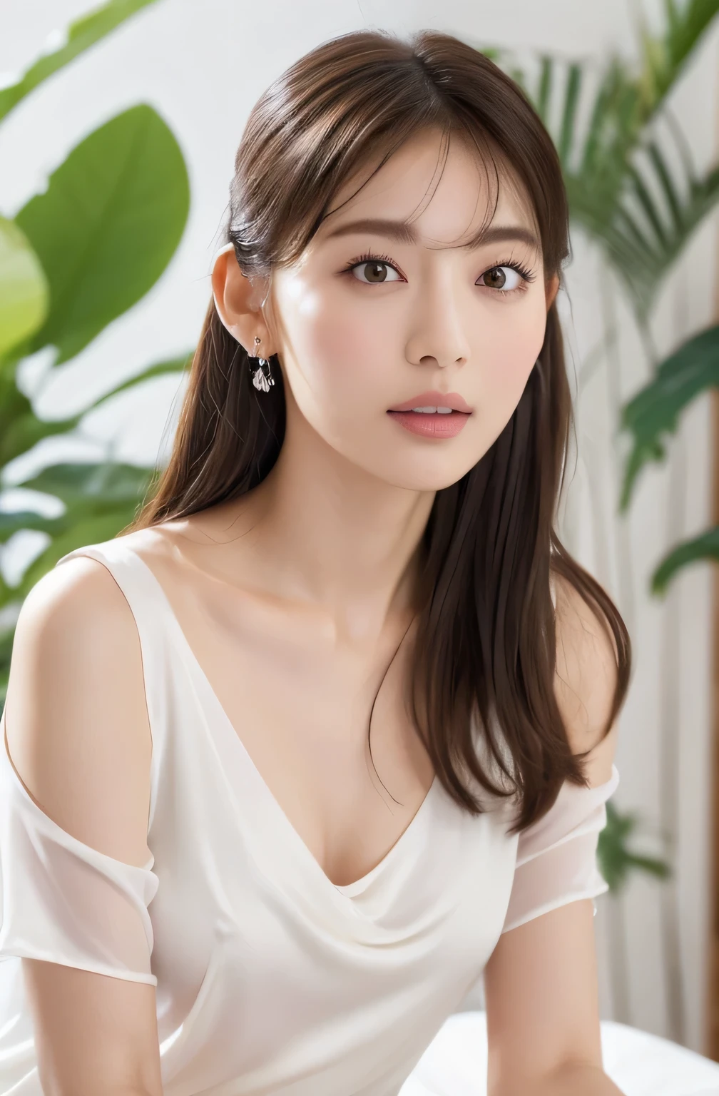 ((highest quality, 8K, masterpiece :1.3)), (realistic, Photoreal:1.4), sharp focus：1.2, 
Bright colors, professional level, shallow depth of field, 
20-year-old, 1 person, A beautiful face with intelligence, 
Supple body :1.3, model body shape:1.5, 頭w:1.4, perfect style：1.4, 
narrow shoulders, beautiful clavicle, long and thin legs, The beauty of slim abs :1.2, thin waist :1.2, 
super detailed skin, Fair skin, Shiny skin, 
super detailed face, slim facial contour, beautiful small face, Beautiful lined nose, 
super detailed eyes, long slit eyes, brown eyes, double eyelid, beautiful thin eyebrows, fine long eyelashes, 
super detailed lips, plump lips, glossy pink lips, flushed cheeks, beautiful teeth, 
Beautiful actress&#39;s ennui makeup, pink lipstick, silver necklace, earrings, 
light brown hair, delicate soft hair, 
(hair up, medium long hair :1.2), layer cut, (dull bangs:1.2), 
(Dress up with trendy fashion:1.2), 
gentle smile, open mouth half way, Enchanted expression, stare at the camera, 
dynamic lighting, ((Hasselblad Photos)), 

((She is completely naked and is wearing a tight white satin blouse with polka dots., I can see her  through her blouse:1.2)), 
(perfect breast shape, B cup:1.2), A small pink areola, 
She has a cute plump butt, My thighs are dazzling, 
(View from the front, pay attention to the ankles:1.2), 

blue sky and aegean sea, sea beach, The horizon of the ocean spreading out in the background, 
walking with beautiful posture, 
Posing with palms like a , spreading my legs, 
cinematic lighting, midsummer rays, Bright light shining all over, 