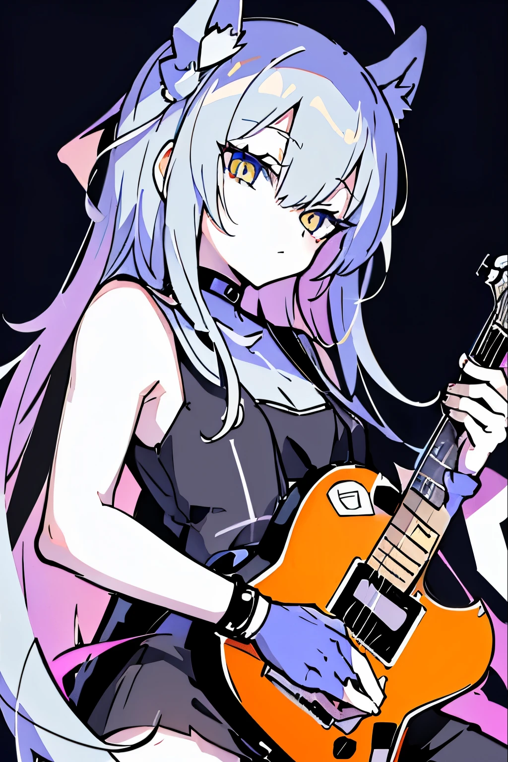 ((masutepiece)), ((Best Quality)), (Ultra-detailed), Anime style, Live performance venue, Cute s, 1girl in, Solo, Playing the guitar 00, ((Beautiful eyes))0, Smile,(((yellow eyes))),