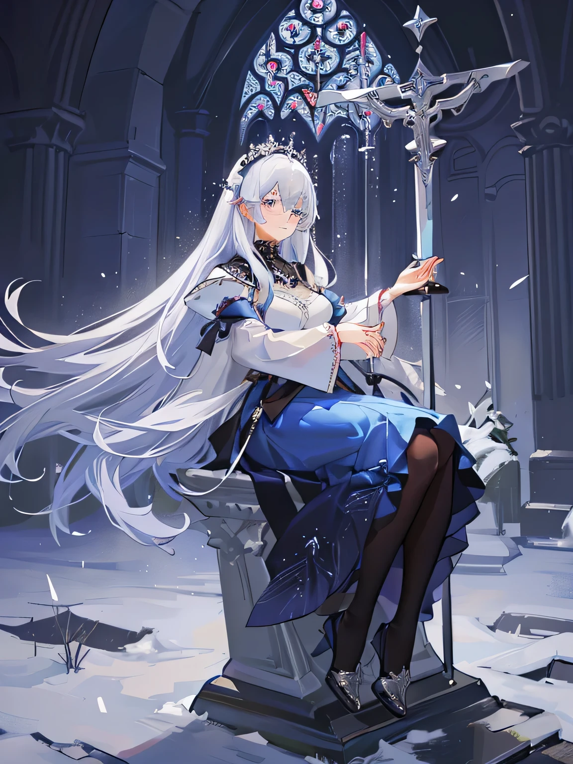 ((masterpiece)), (best quality), (solo), highres, extremely detailed CG wallpaper, extremely detailed figure, Amazing, (heavy clouds and huge blue moon) , one beautiful girl with very long hair, dress, (blue glowing flowers on the meadow), ((church)) and (medieval tombstones), ((cute face)), detailed face, detailed blue eyes, detailed light, ((The sense of sacredness)), ((holding a silver sword)), ((wings)), broken feeling, depth of field, finely detail, (optical rain), perspective, (sacred feeling)