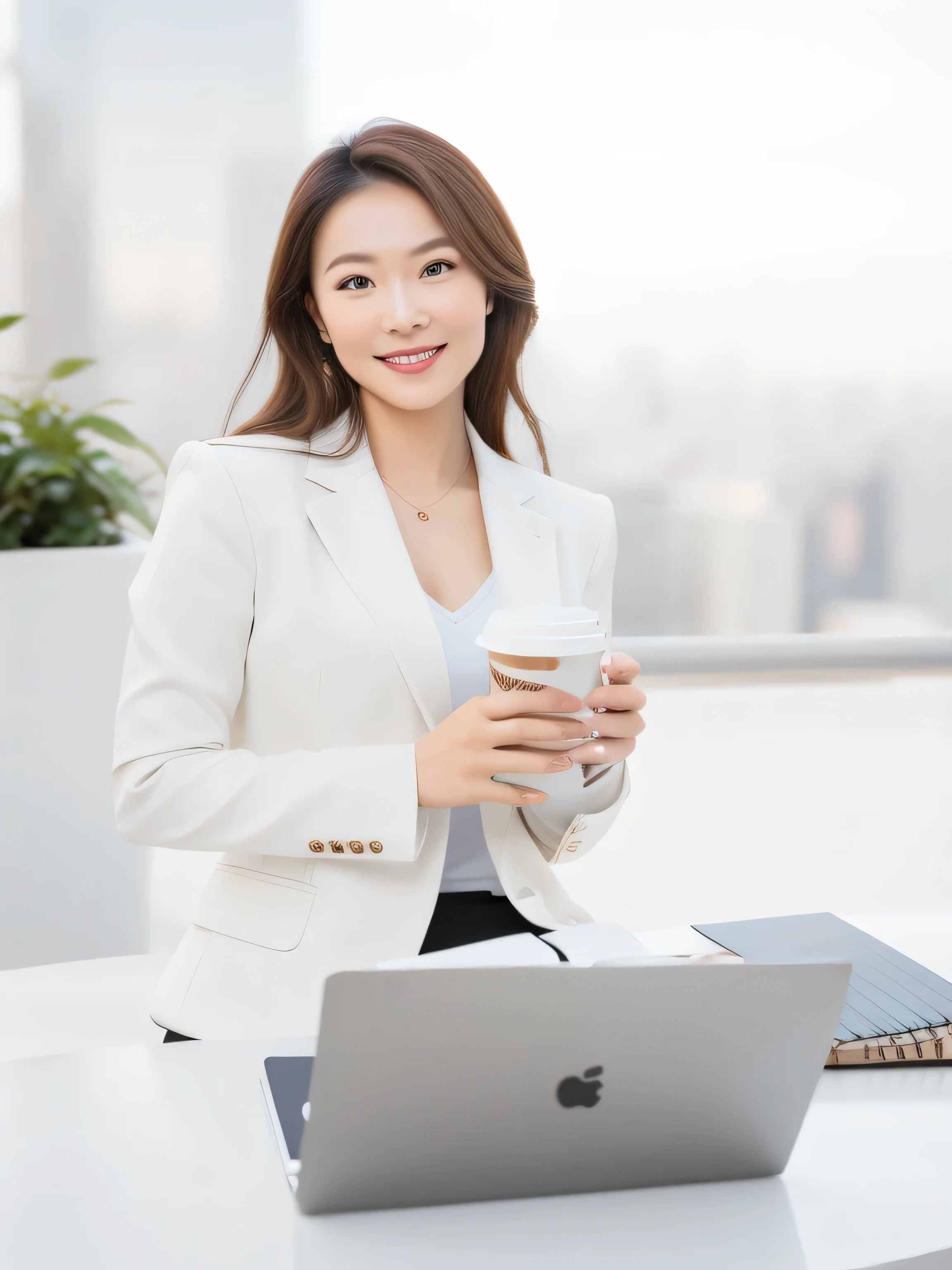 Woman in white blazer holding coffee cup and notebook, woman in suit, black hair, long curly hair, young businesswoman, Well-lit professional photos, businesswoman, Professional profile picture, Professional image, mature young woman, Detailed professional photos, amazing Professional pictures, Rich woman, professional portrait, on a white table, Professional corporate portrait, an asian woman, Professional pictures, Anna Nikonova aka Newmilky