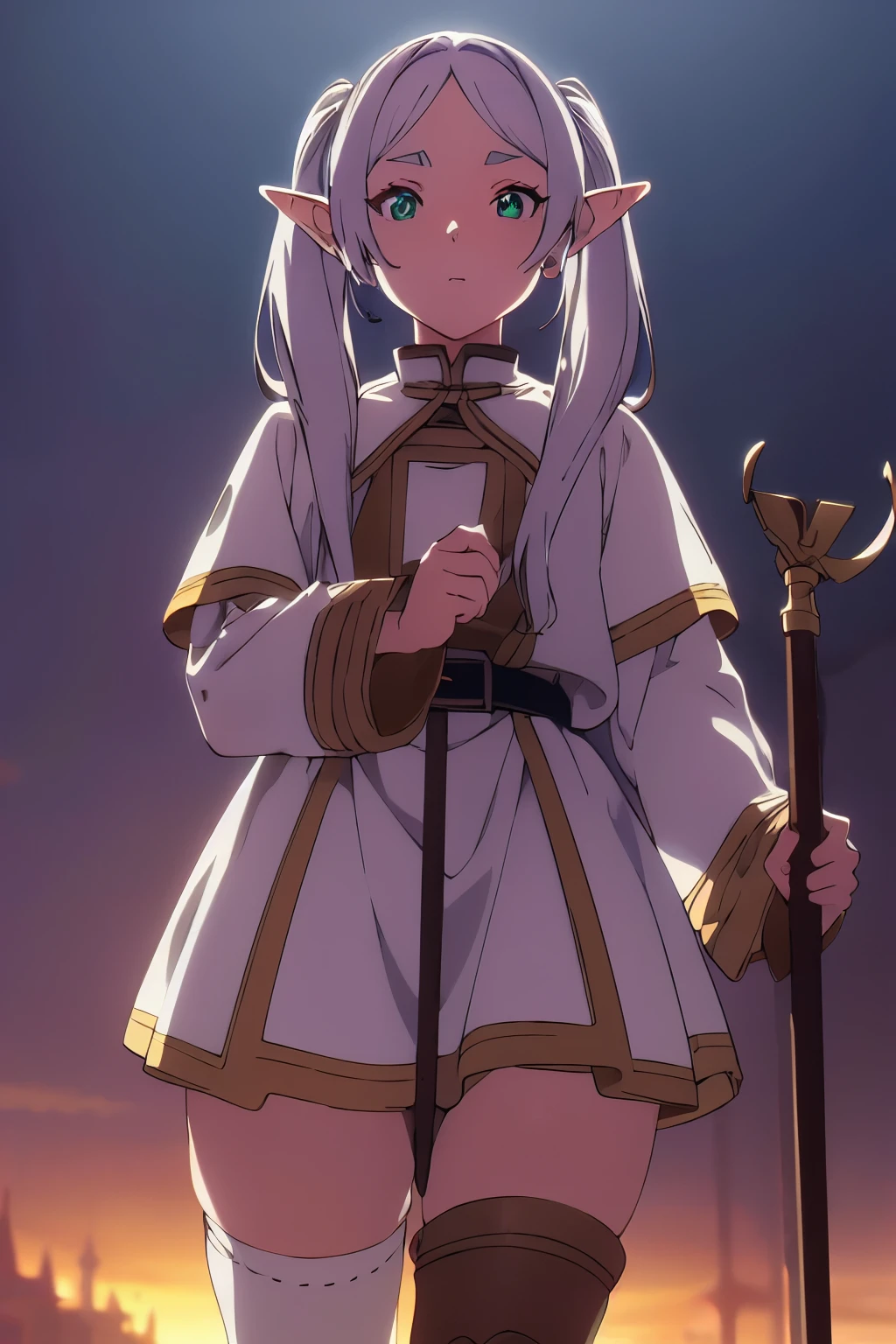 Frieren,frieren:beyond journey’s end,elf girl,white hair twintails、White robes and skirts、black tights、brown boots,green eyes,parted bangs,thick eyebrows, Perfect lit,colorful, bright_front_face_lit,(narrow_waist), holding staff,medieval cityscape, ,masterpiece ,8k unity wallpaper,detailed eyes,detailed face,detailed skin,anime key visual, ,highest quality, High resolution, unity 8k wallpaper, (figure:0.8), (detailed and beautiful eyes:1.6), highly detailed face, perfect lighting, Highly detailed CG, (perfect hands, perfect anatomy),masterpiece,High resolution,perfect anatomy,anime key visual,Kyoto animation,(detailed and beautiful eyes,glowing eyes,detailed hair,detailed skin,detailed wear ),highest quality,unity 8k wallpaper,super dense skin,white skin,best quality,blurry_background,
