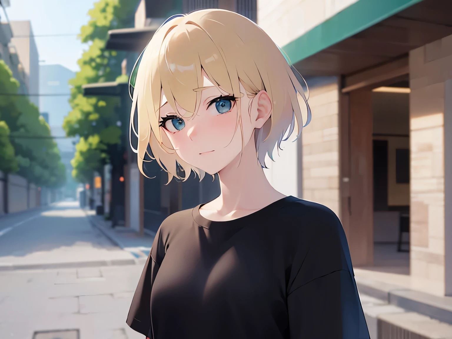 Upper Body, Realistic, real person, (pale skin: 1.2), RAW photo, photorealistic, portrait photography, shiny skin, japanese idol、shiny hair、japanese, (25 year old man with blonde bangs) and (green eyes) and (very short hair:1.5), (black) and (Plain T-shirt:1.5), (embarrassed:1.5), The background is a parking lot、Alone