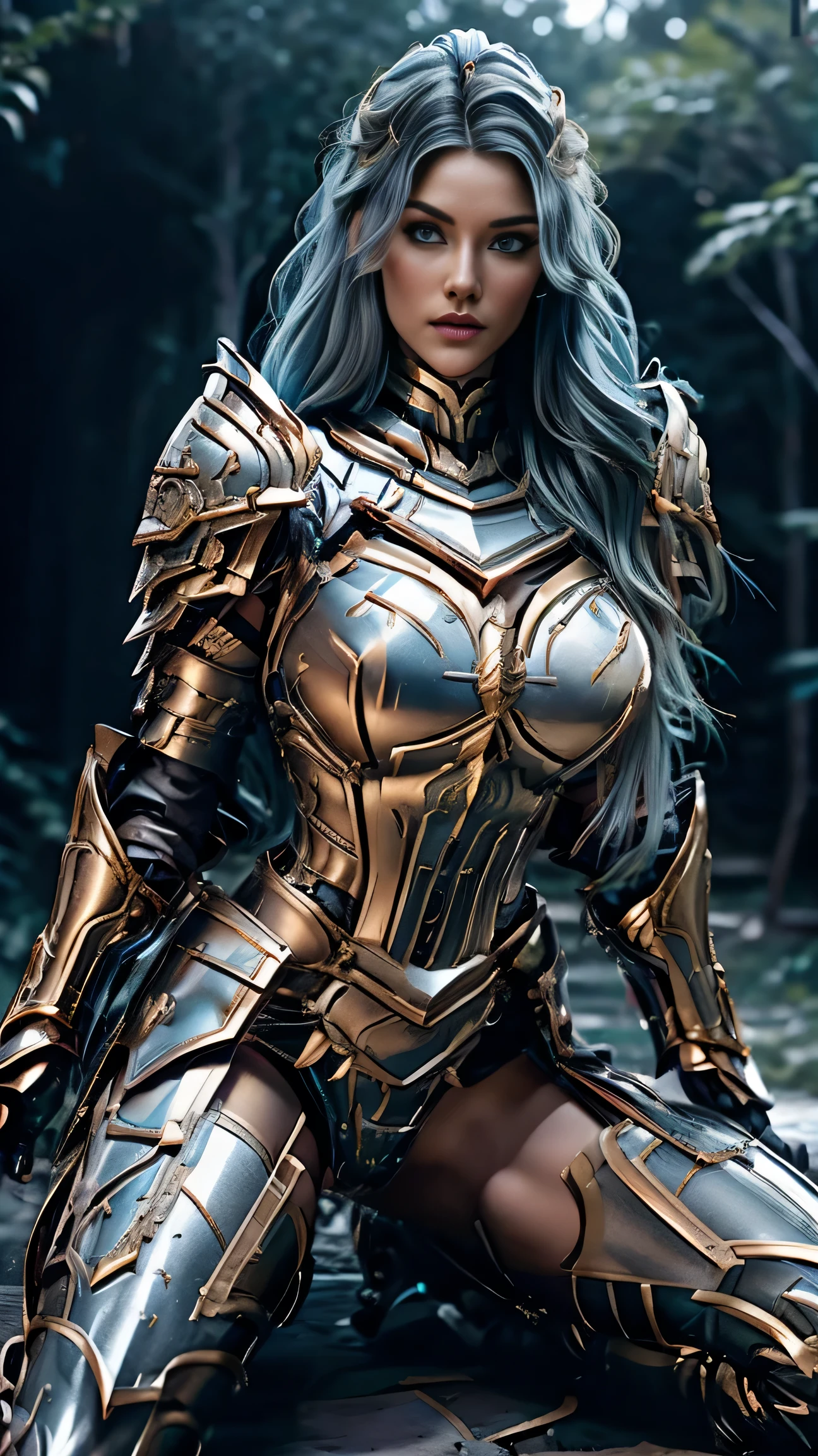 (8K, Raw photography, top-quality, ​masterpiece:1.2), close up,One Woman、age of 30, close up.{scinematic angle、Wide Angle、Don't split the screen、}（Realistic Skins 1.4）、（valkyrie、Valkyria）、（the Witcher armor（（Western knights、Plate armor covering the whole body、Metal armour ）））、（（（forest background, golden hour, Asgard））、50mm Lens、30mm film、wide angles（long wavy blue hair）、Blue eyes、shinny skin、beautiful detailed hair、Beautiful delicate face、Beautiful delicate eyes、｛large chest、、muscular body, curvy big 、｝、long wavy blue hair , long socks, black socks, black skinny trousers, skinny leggins, big hips, muscular girl, big hips, chest covered with armor, fighting pose, fight,duel pose,  buried forest background, war scene, flames, the Witcher, buried ancient city n the background
