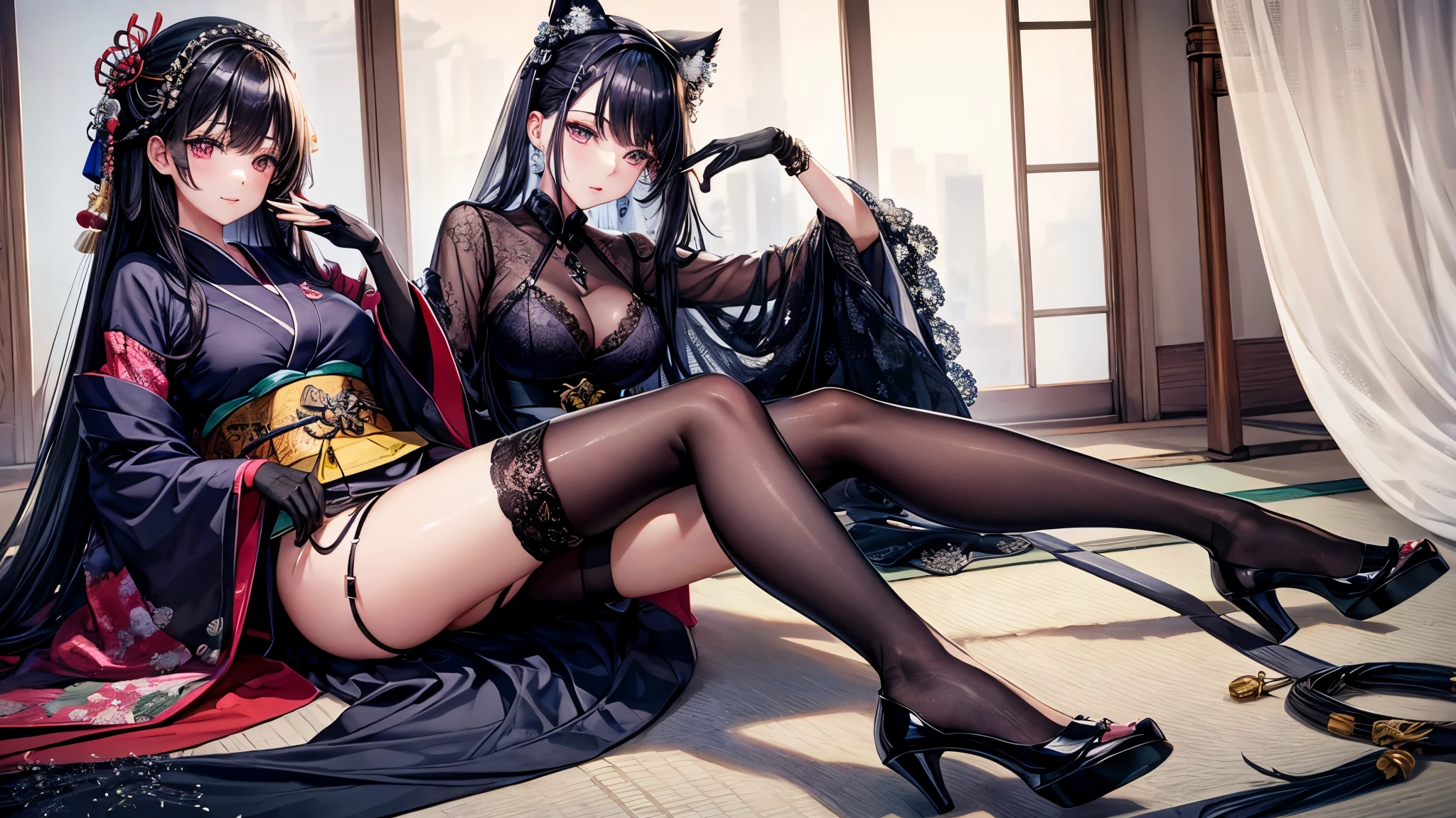 ((Japanese, clothing that fits)),((best quality)), ((masterpiece)), (detailed), perfect faceインクウォッシュスタイル,pale,watercolor,See-through,black face veil , black nylons , silk stockings ,See-throughの袴, dark purple eyes,navy blue kimono on black ,sheer lingerie,enamel high heels,pearl necklace,,straight,lace long gloves, shortcut, hair ornaments, Japanese style room ,crossed legs,navy 黒いenamel high heels, shiny black stockings