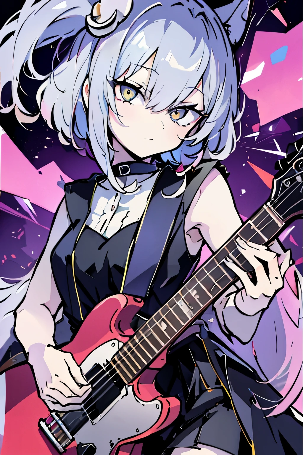 ((masutepiece)), ((Best Quality)), (Ultra-detailed), Anime style, Live performance venue, Cute s, 1girl in, Solo, Playing the guitar 00, ((Beautiful eyes))0, Smile,(((yellow eyes))),