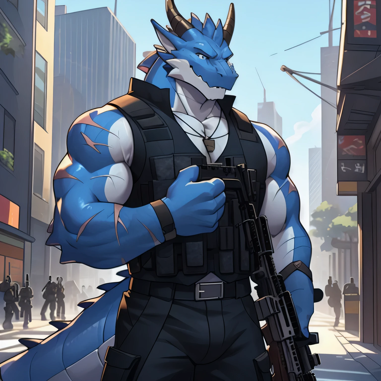 (dragon), two colors, There are scars on the face, Wearing sunglasses on head,The necklace hangs around the neck,(muscular body:1.3), There are scars on the face, Handsome, OK,(There are scars on the face), on the street,(Express),(city background),(There are scars on the face:1.2),look at screen,(dragon horn),(Dragon tail),perfect masterpiece,(16K),alone,((Strong)),,(hands crossed),(dick:1.2),Perfect proportion,front,hands crossed,Sweat,(hands crossed:1.5),(Have a gun in hand:1.3),(intense expression:1.2),(imagine:1.5),(with rifle in hands:1.8),Strong,muscle,with dragon wings,more details,CG,(dragon), torso,((Have a gun in hand)), (Bulletproof vest)),Serious expression