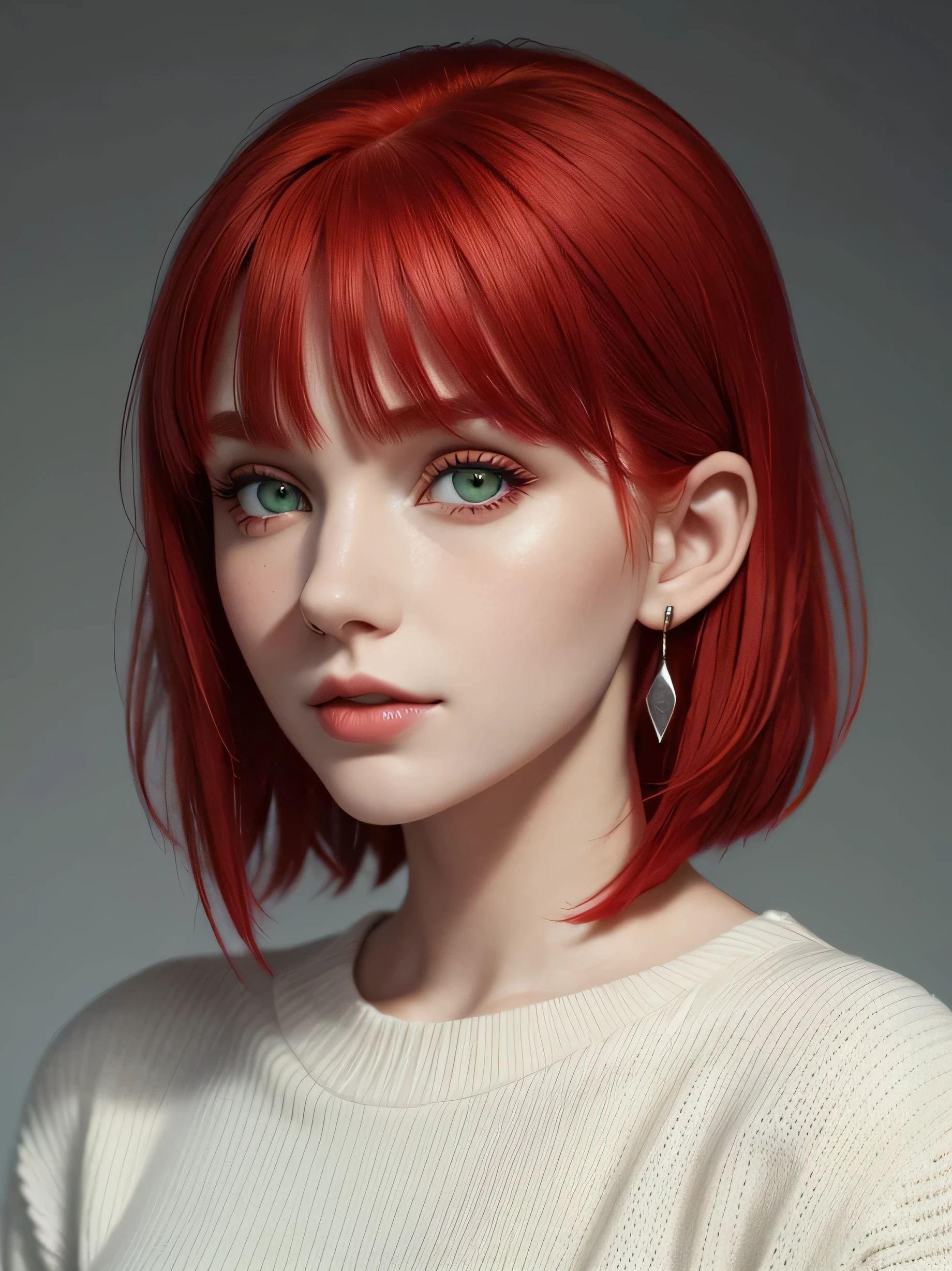 (Best Quality) (Photorealistic: 1.2) Young Girl, Red Hair Blood, Cut Red Bob, Highlight Red Hair, Side Bangs, Green Eyes, Pale Skin, Beautiful Face, White Sweater, Silver Earrings, Simple Background.