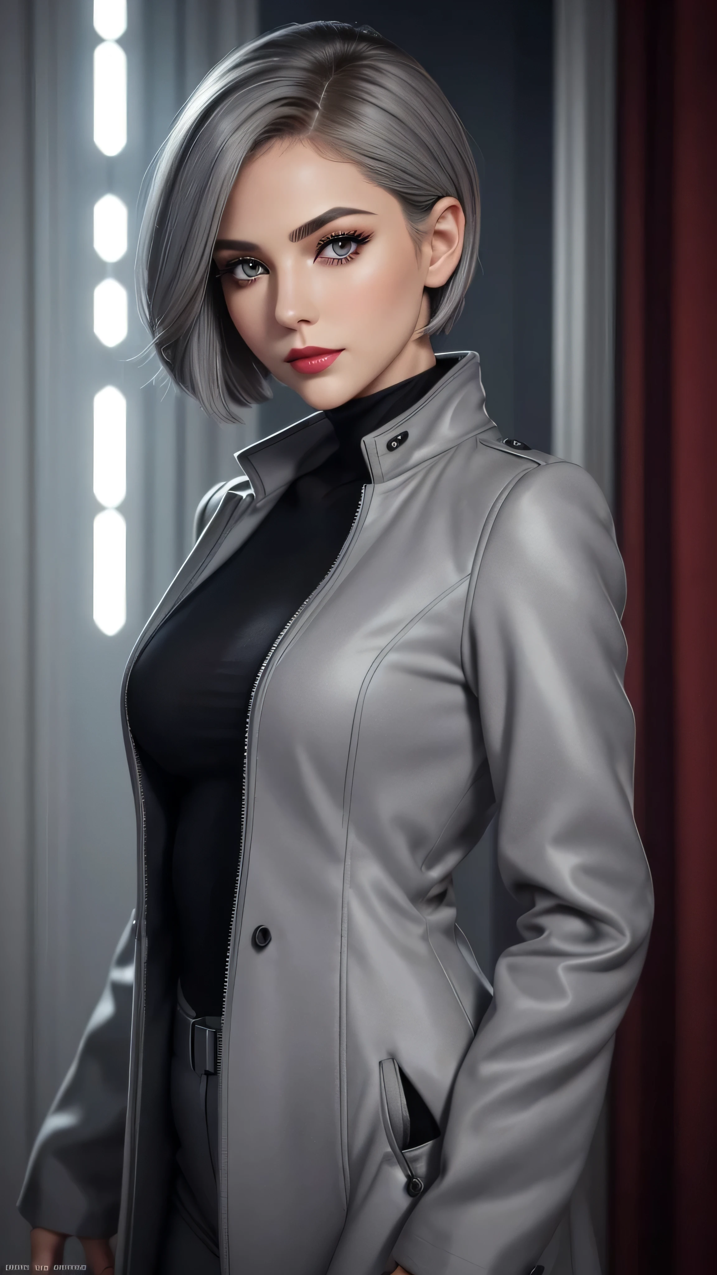 beautiful woman, masterpiece, best quality, ultra detailed, photo realistic, shiny eyes, detailed face, beautiful eyes, grey eyes, detailed eyeshadows, grey hair, french bob hairstyle, red lip, makeup, (attractive:1.5), sharp focus, puffy eyes, (short hair:1.2), tight sci-fi speerise suit with grey long coat open, full body, (beautiful:1.5)