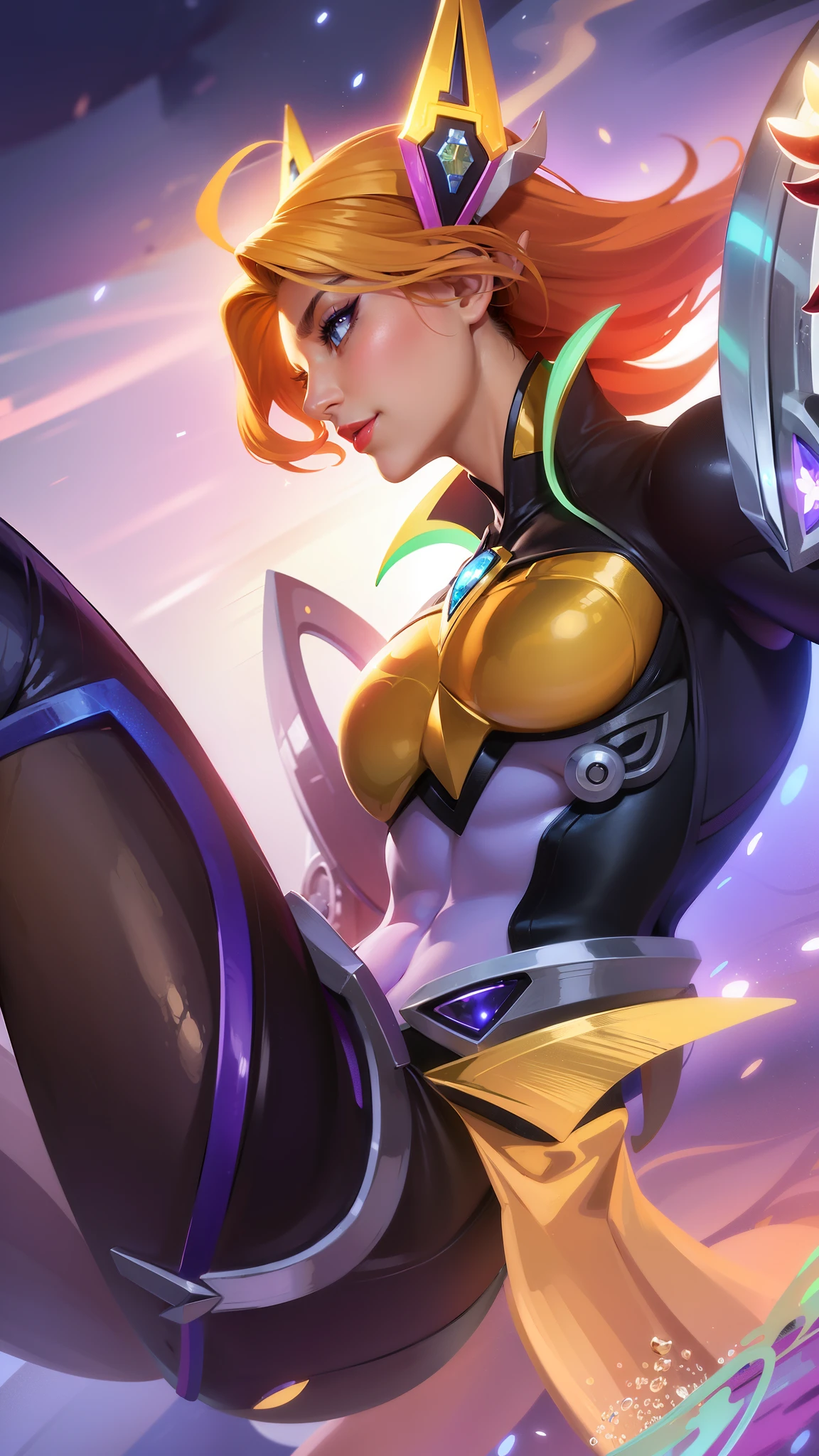 (female:1.2), 8k, ultra hd, ultra detailed texture, hyper realistic, masterpiece, detailed texture, detailed face, detailed skin, detailed lighting, (photorealistic:1.5), best quality, beautiful lighting, cinematic lighting, professional lighting, ultra highres, realistic, detailed hair, real hair, high quality, (realskin:1.5), extremely detailed, finely detail, ultra-detailed, 1girl, solo, floating, (blue eyes), glowing eyes, red lips, v-shapped eyes, closed mouth, angry, colored skin, dark skin, purple skin, nose, pretty, beautiful, make up, evil smile, short hair, blonde hair bangs, large breasts, thigh, pauldrons, black pants, belt, purple coat, mechanical wings, armor shoulder, gloves, eudora \(mobile legends\), depth of field, looking aways, skin tight, amazing pose, glowing electric, lighting, cinematic background, elf ears.