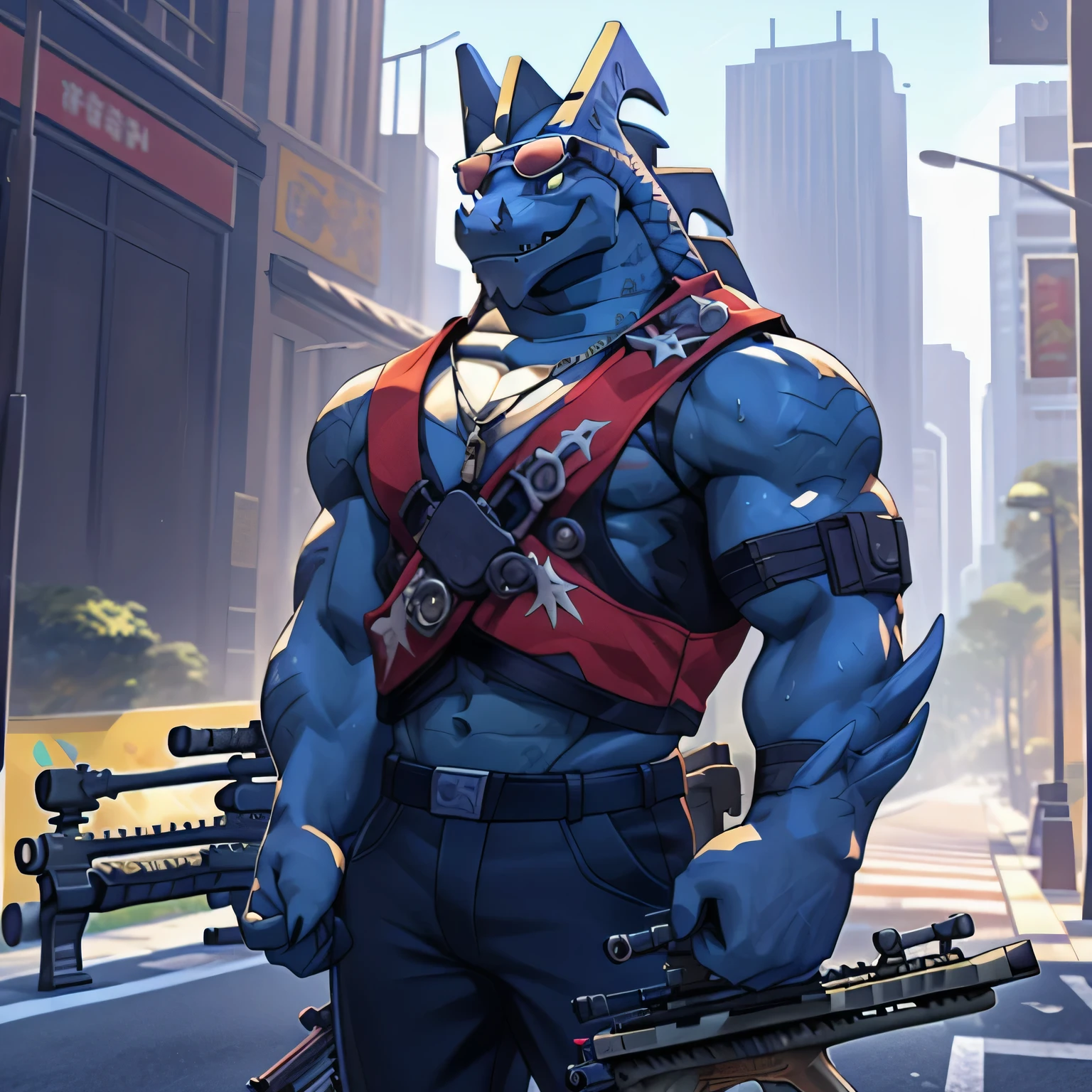 (dragon), two colors, There are scars on the face, Wearing sunglasses on head,The necklace hangs around the neck,(muscular body:1.3), There are scars on the face, Handsome, OK,(There are scars on the face), on the street,(Express),(city background),(There are scars on the face:1.2),look at screen,(dragon horn),(Dragon tail),perfect masterpiece,(16K),alone,((Strong)),,(hands crossed),Perfect proportion,front,hands crossed,Sweat,(hands crossed:1.5),(Have a gun in hand:1.3),(intense expression:1.2),(imagine:1.5),(with rifle in hands:1.8),Strong,muscle,with dragon wings,more details,CG,(dragon), torso,((Have a gun in hand)), (Bulletproof vest)),Serious expression