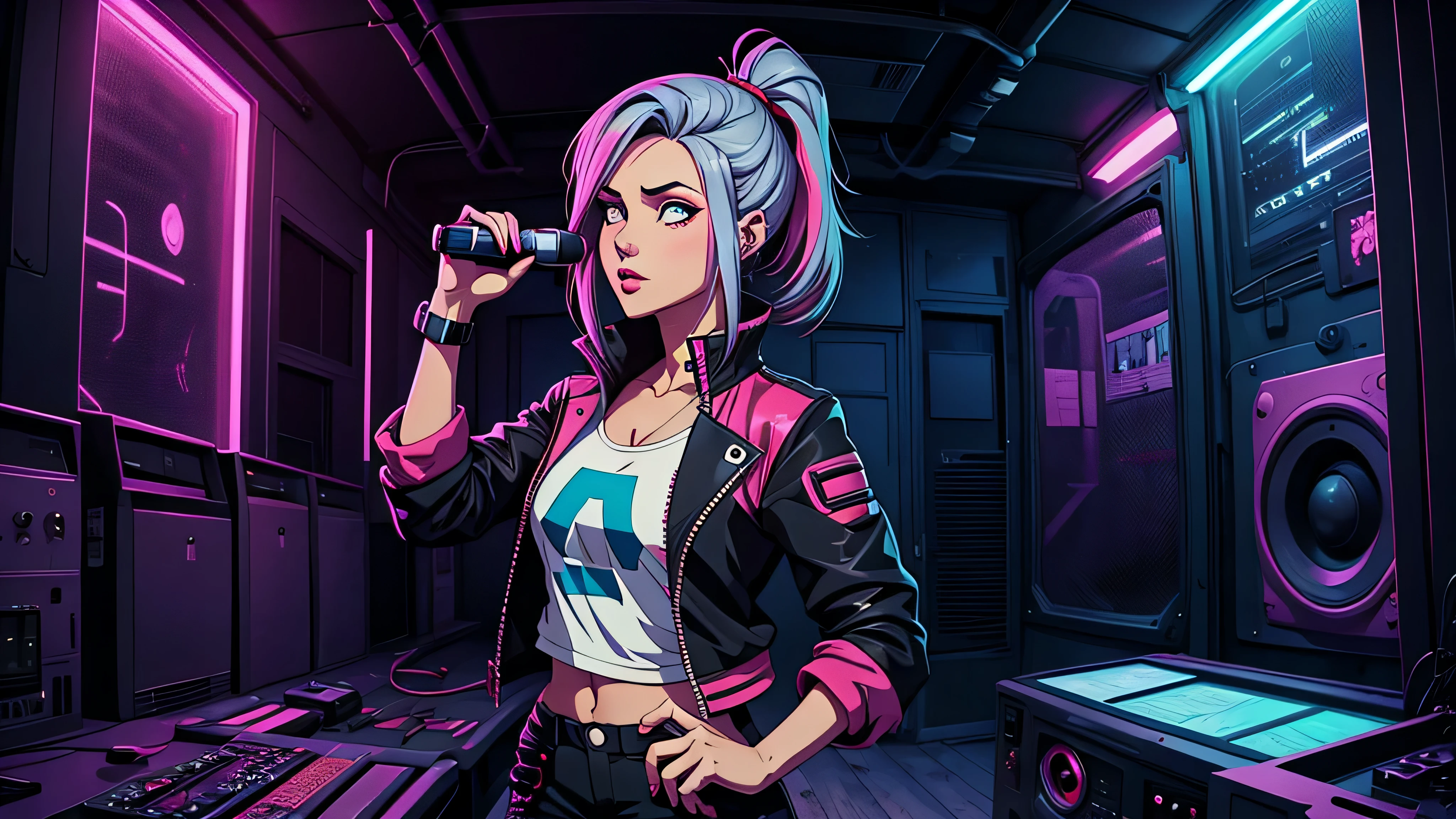garota de anime, corpo inteiro, telefone, cabine telefonica, Blusa ciberpunk, jaqueta de couro, Martem boots, Fones de ouvido em volta cabelo, Capa do álbum Anime Phonk Brain Sick, musica, ondas sonoras, com cores vermelho e preto neon