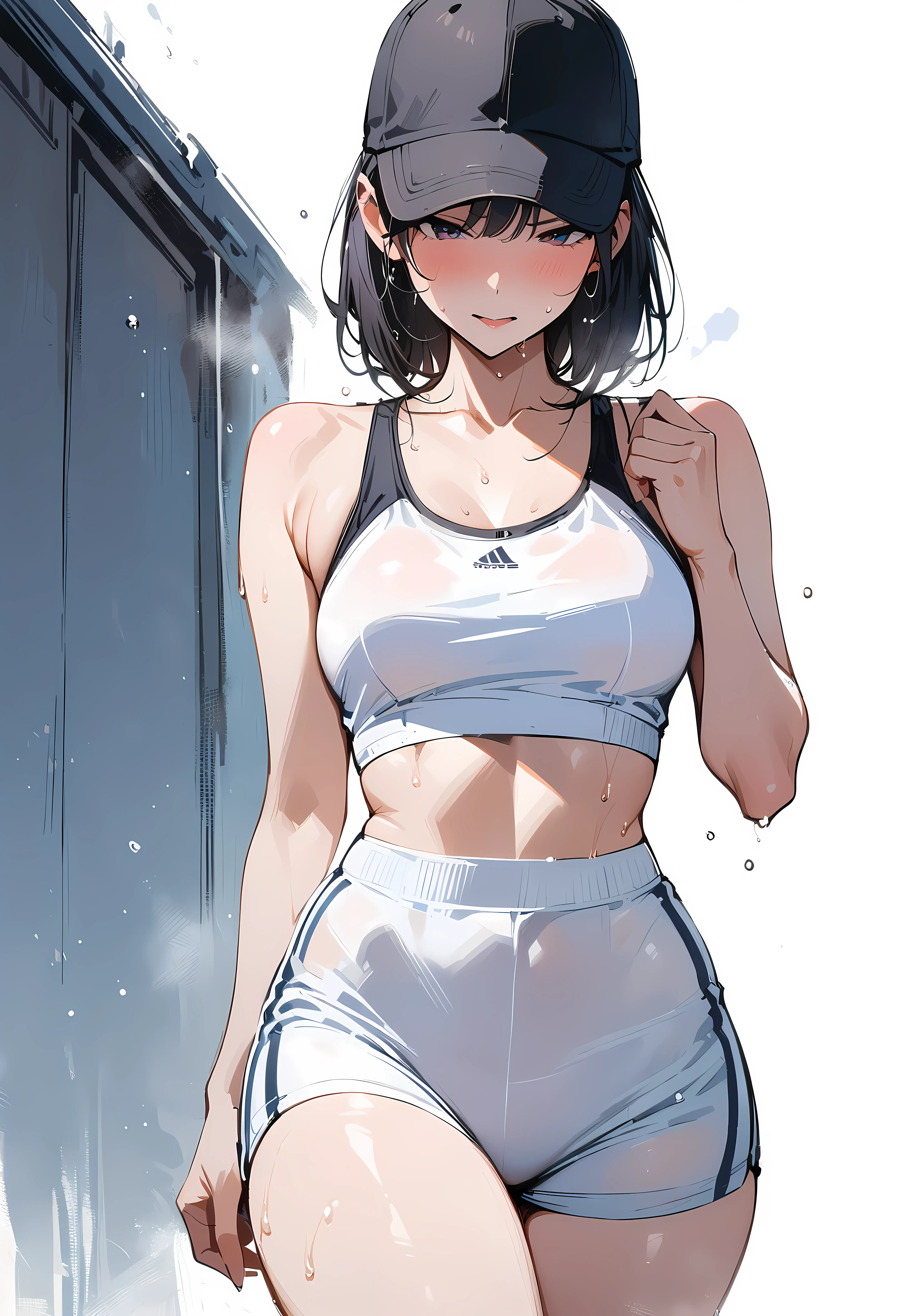 (masterpiece, best quality:1.2), 1 girl, alone , sexy , (shorts sports pants) , (cowboy shot) , black hair , (white sports bra) , black cap , (Sweat)