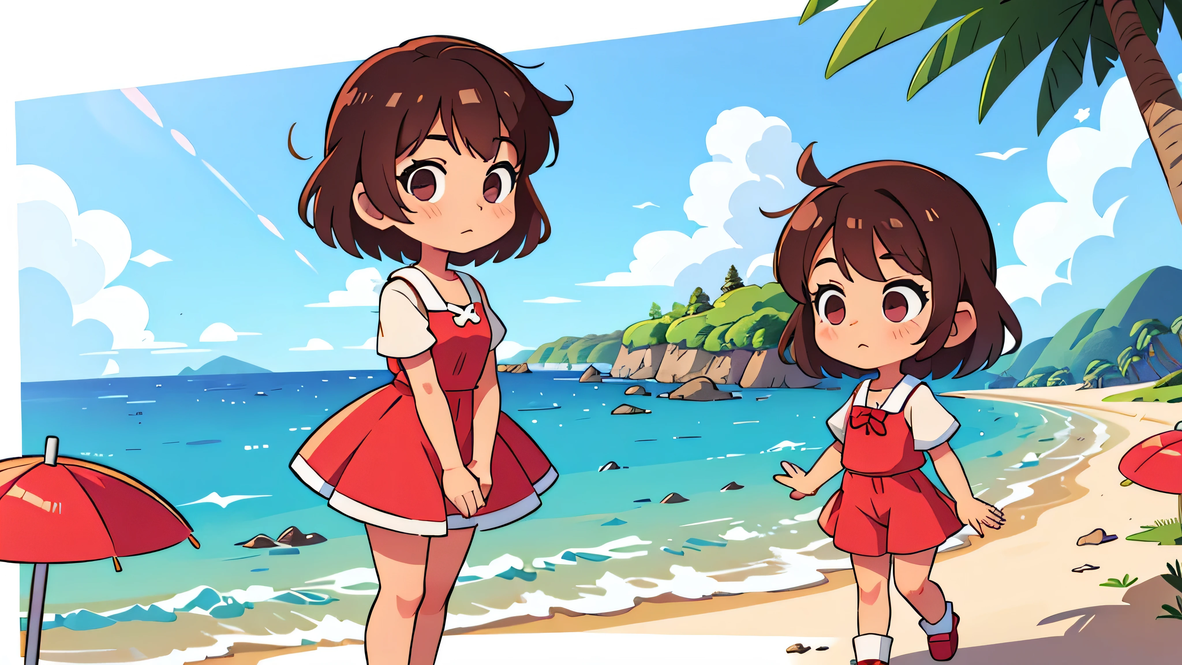 na praia - (Two brunette twins, de 5 anos, roupas rosa)