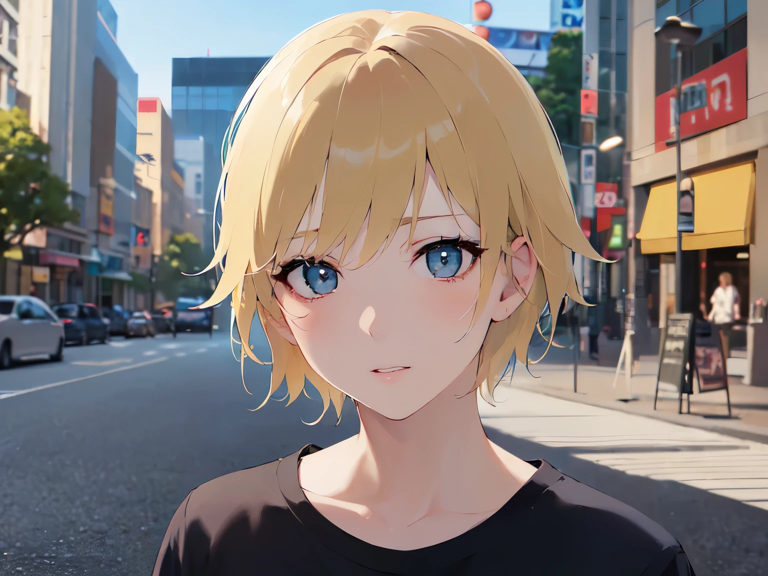 Upper Body, Realistic, real person, (pale skin: 1.2), RAW photo, photorealistic, portrait photography, shiny skin, japanese idol、shiny hair、japanese, (25 year old man with blonde bangs) and (green eyes) and (very short hair:1.5), (black) and (Plain T-shirt:1.5), (embarrassed:1.3), The background is a parking lot、Alone