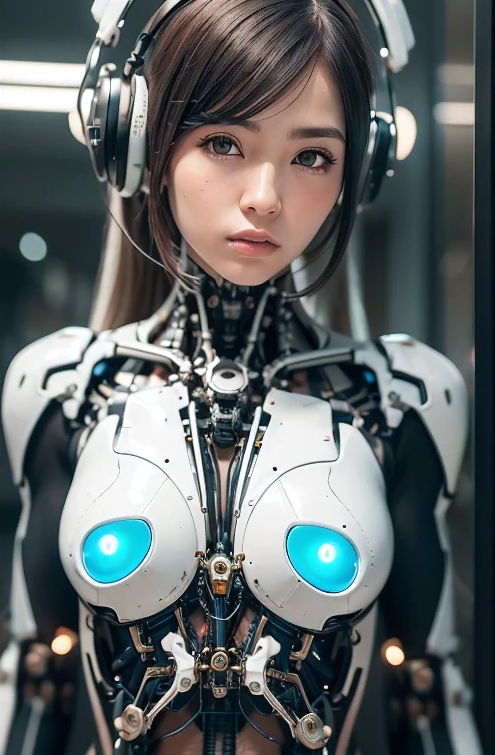 highest quality、masterpiece、ultra high resolution、(photo-realistic:1.4)、Raw photo、1 girl、black hair、glowing skin、cyberpunk suit、((Super realistic details))、Portrait、global illumination、Shadow、octane rendering、In 8K、super sharp、、Raw skin exposed in cleavage、Metal、intricate decorative details、Gothic ta details、Luminous tube、very intricate details、realistic light、CG Society Trends、purple eyes、shining eyes、towards the camera、neon detailechanical limbechanical vertebrae attached to the back of the blood vessels connected to the tubes、cervical vertebrae mechanically attached to the neck、sit on top、Wires and cables connecting to the head、small led lamp、The background is a futuristic server room、best quality, 8k, highres, octan render, (masterpiece:1.2), extremely ultra detail, cyborgized beautiful Japanese woman, , skinny body, flat chest, (blue metallic mechanical frame:1.5), (Power cables connected throughout the body), detaile up, Instead of hair, there are cables growing out of it, mechanical fusion, mechanical skeleton, bio mechanics, mechanical life-form, extremely ultra real texture, human-like skin, realistic hair, realistic metal texture, professional lighting, (realistic:1.4), (RAW photo:1.2), (photorealistic:1.5)