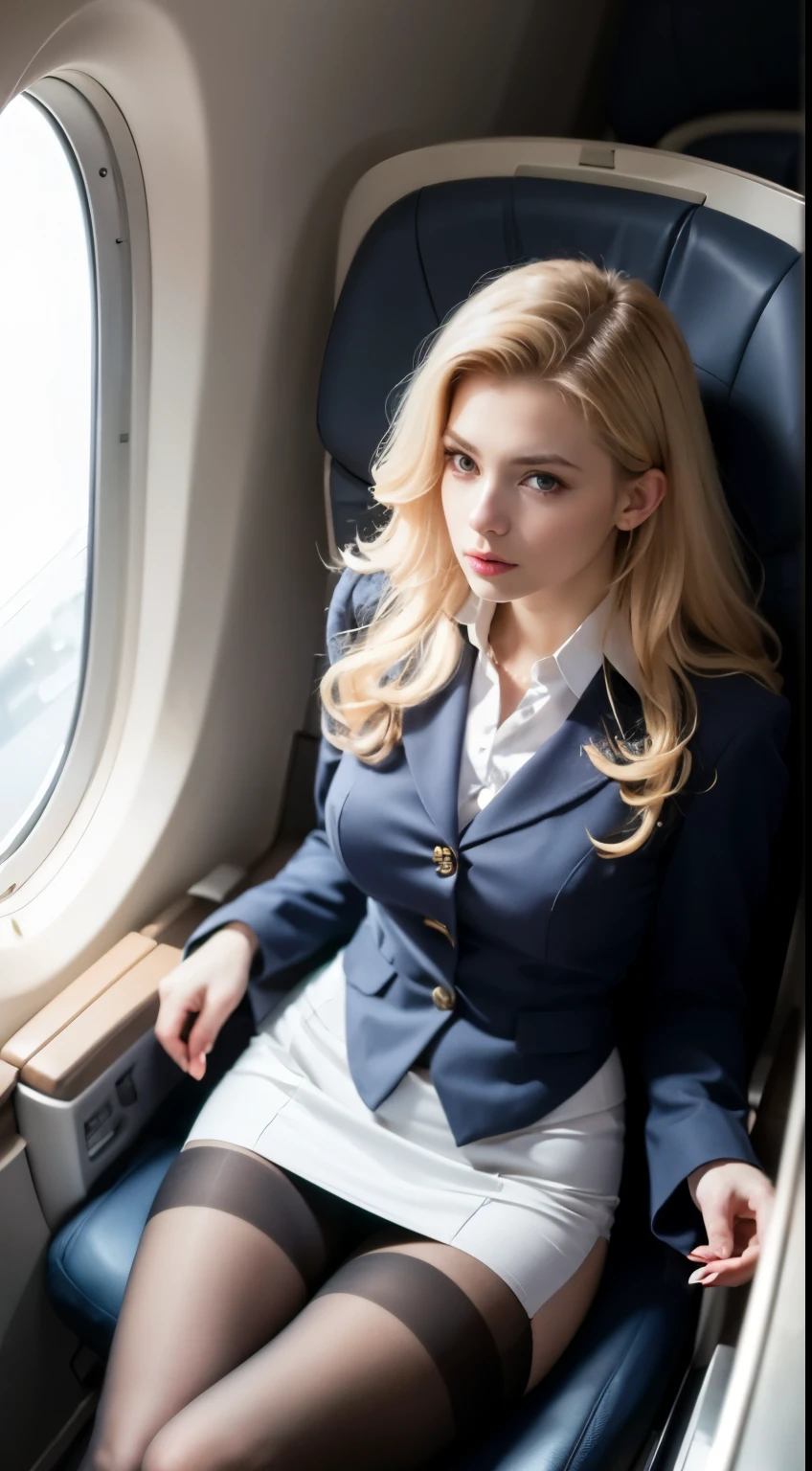 (()), beautiful girl, model body, big blue eyes, small breasts, long legs, Try on super realistic pantyhose, Flight attendant uniforms are sexy, shot from above, very white skin, long hair, wavy hair, blonde hair , cabin seat, realistic, indirect lighting, volume light, ray tracing, Super detailed, highest quality, ultra high resolution, nffsw, 8K, intense volumetric fog