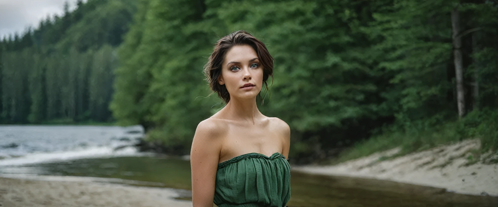 An irish brunette woman, looking at viewer, wearing hiking clothing, cleavage, in Ireland landscapes at a reguge, seated on a rock, necklace, earings,