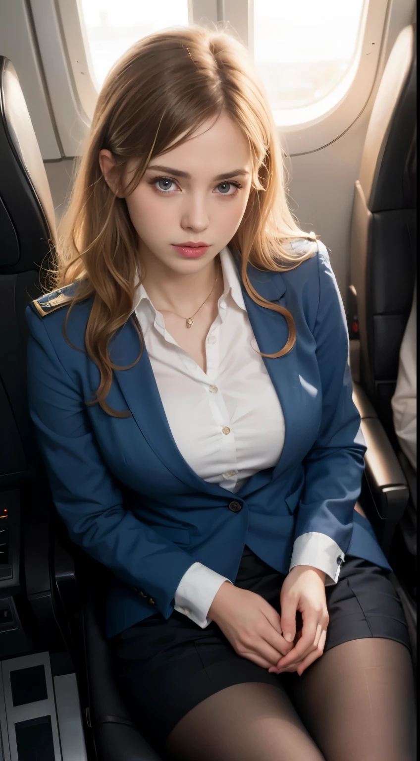 (()), beautiful girl, model body, big blue eyes, small breasts, long legs, Try on super realistic pantyhose, Flight attendant uniforms are sexy, shot from above, very white skin, long hair, wavy hair, blonde hair , cabin seat, realistic, indirect lighting, volume light, ray tracing, Super detailed, highest quality, ultra high resolution, nffsw, 8K, intense volumetric fog