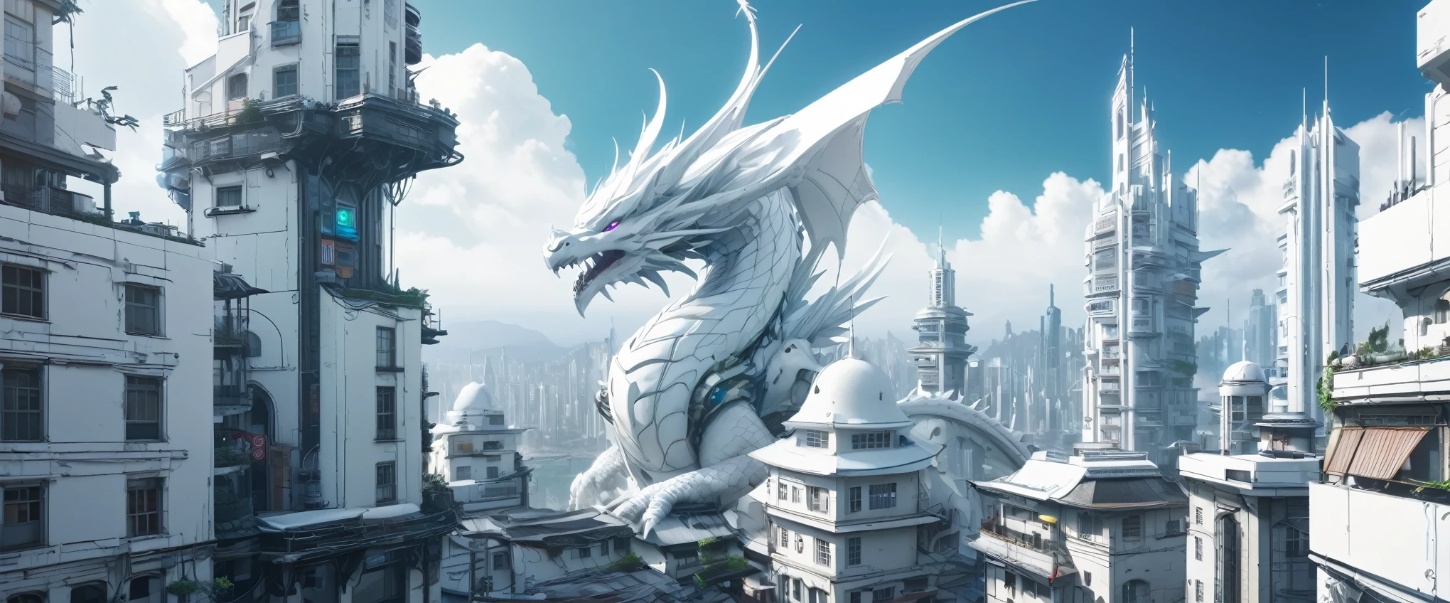 8k, Ultra HD, Hintergrundtyp, cyberpunk anime, white buildings, white towers, Fantasie, 3d, white cybernetic dragons in the background, Landschaft