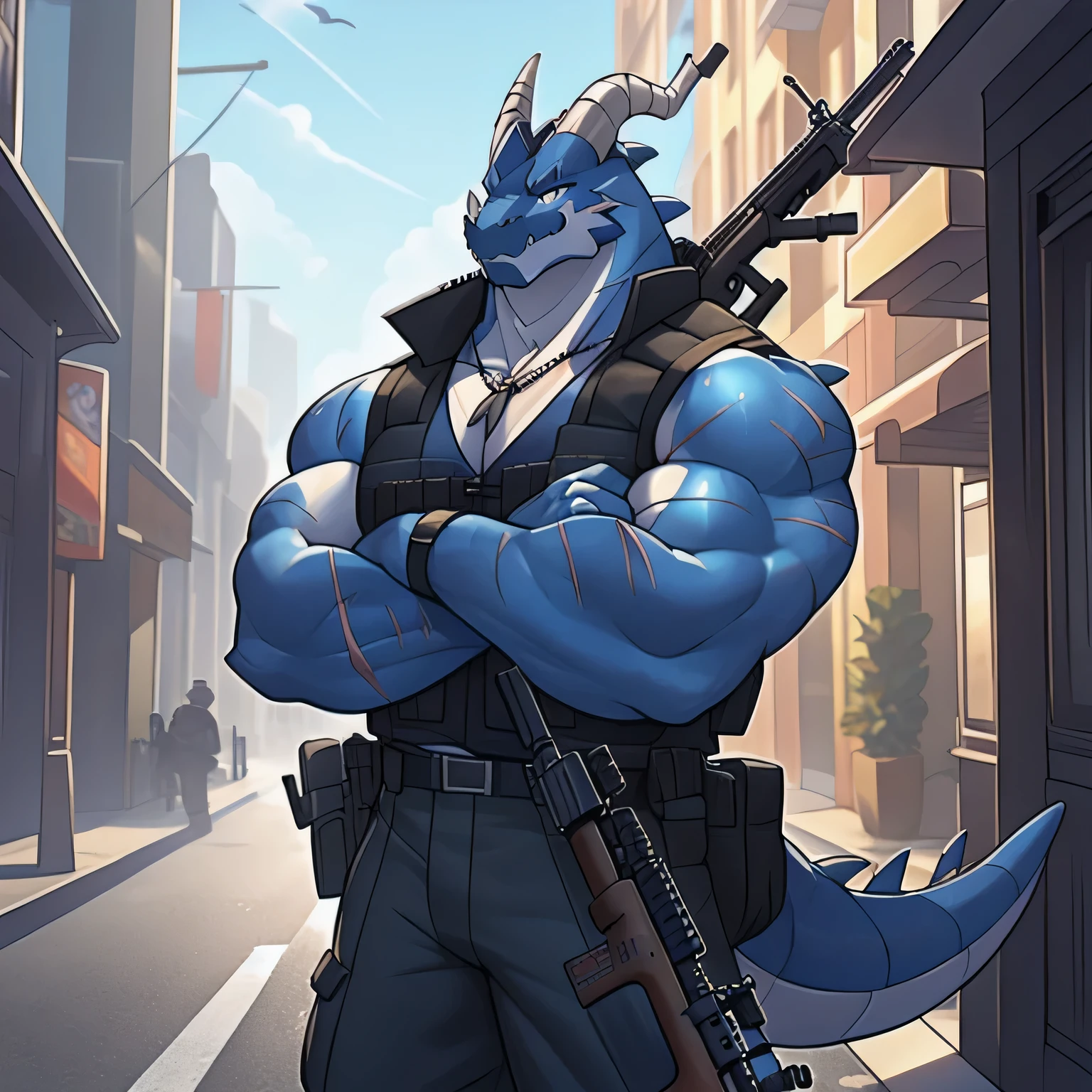 (dragon), two colors, There are scars on the face, Wearing sunglasses on head,The necklace hangs around the neck,(muscular body:1.3), There are scars on the face, Handsome, OK,(There are scars on the face), on the street,(Express),(city background),(There are scars on the face:1.2),look at screen,(dragon horn),(Dragon tail),perfect masterpiece,(16K),alone,((Strong)),,(hands crossed),Perfect proportion,front,hands crossed,Sweat,(hands crossed:1.5),(Have a gun in hand:1.3),(intense expression:1.2),(imagine:1.5),(with rifle in hands:1.8),Strong,muscle,with dragon wings,more details,CG,(dragon), torso,((Have a gun in hand)), (Bulletproof vest)),Serious expression