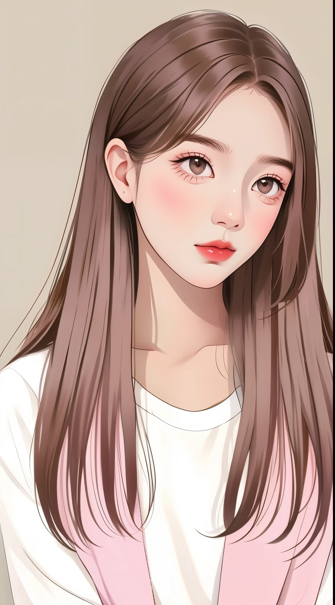 Girl, long brown hair, gray eyes, sharp features, white skin, pink lips, soft and thin, brown 
