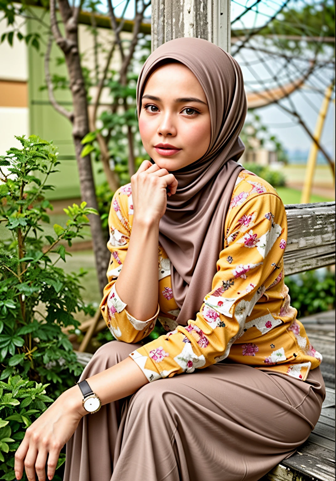 masterpiece, (ultra-high-definition portrait, vignet:1.4), Realistic, extremely detailed, CG unified, 8k, Clean lines, highly detailed, High-definition, raw color photos, Realistic portrait, Cinematic Light, Beautiful detailed, (1hijabgirl, indonesian:1.5), (165cm tall, big breasts with lips like she wants to kiss:1.5), Beautiful big breasts, breasts details, very tight, (Biggorgeous breast, Glance side eye:1.5), (Soft smiling, Big Breast:1.4), Close up of a girl in Beautiful clothes with errected nipple, biggorgeous breast, Smiling, scarf, (Bombastic Side Eyes with curvaceous body:2), pose 4 of 1 6, Undress, No bra, (nipples that are clearly sticking out detail:1.2), Outdoors, high intricate detailed.