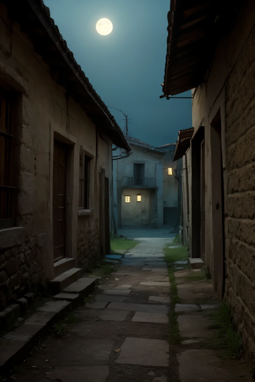 Casa abandonada por la noche, luna llena, ruelle sombre