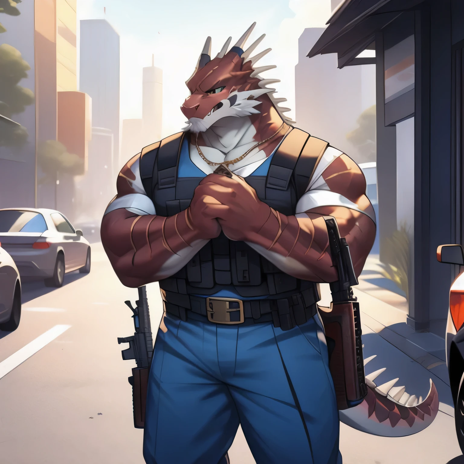 (dragon), two colors, There are scars on the face, Wearing sunglasses on head,The necklace hangs around the neck,(muscular body:1.3), There are scars on the face, Handsome, OK,(There are scars on the face), on the street,(Express),(city background),(There are scars on the face:1.2),look at screen,(dragon horn),(Dragon tail),perfect masterpiece,(16K),alone,((Strong)),,(hands crossed),Perfect proportion,front,hands crossed,Sweat,(hands crossed:1.5),(Have a gun in hand:1.3),(intense expression:1.2),(imagine:1.5),(with rifle in hands:1.8),Strong,muscle,with dragon wings,more details,CG,(dragon), torso,((Have a gun in hand)), (Bulletproof vest)),Serious expression