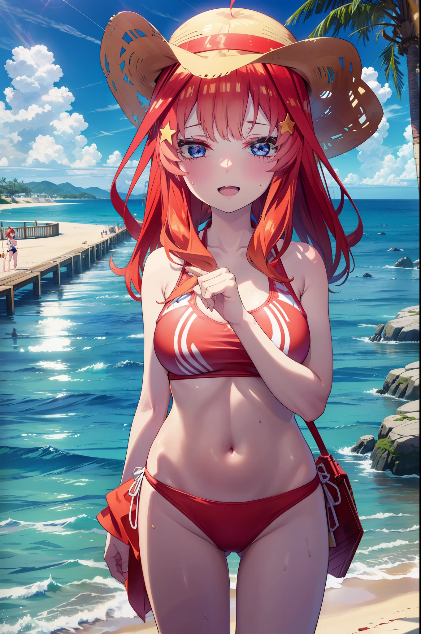 itsukinakano, itsuki nakano, bangs, blue eyes, hair between eyes, Ahoge, redhead, star \(symbol\), hair ornaments, star hair ornaments,big breasts,Smile, smile, open your mouth,big straw hat, Red Bikini Swimsuit,bare belly,red pareo swimsuit,barefoot, beach outfit,true summer,Palm tree,
break outdoors, beach,
break looking at viewer,whole body, (cowboy shot:1.5),
break (masterpiece:1.2), highest quality, High resolution, unity 8k wallpaper, (figure:0.8), (detailed and beautiful eyes:1.6), highly detailed face, perfect lighting, Very detailed CG, (perfect hands, perfect anatomy),