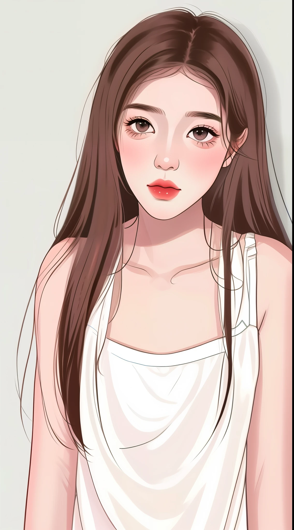 Girl, long brown hair, gray eyes, sharp features, white skin, pink lips, soft and thin, brown