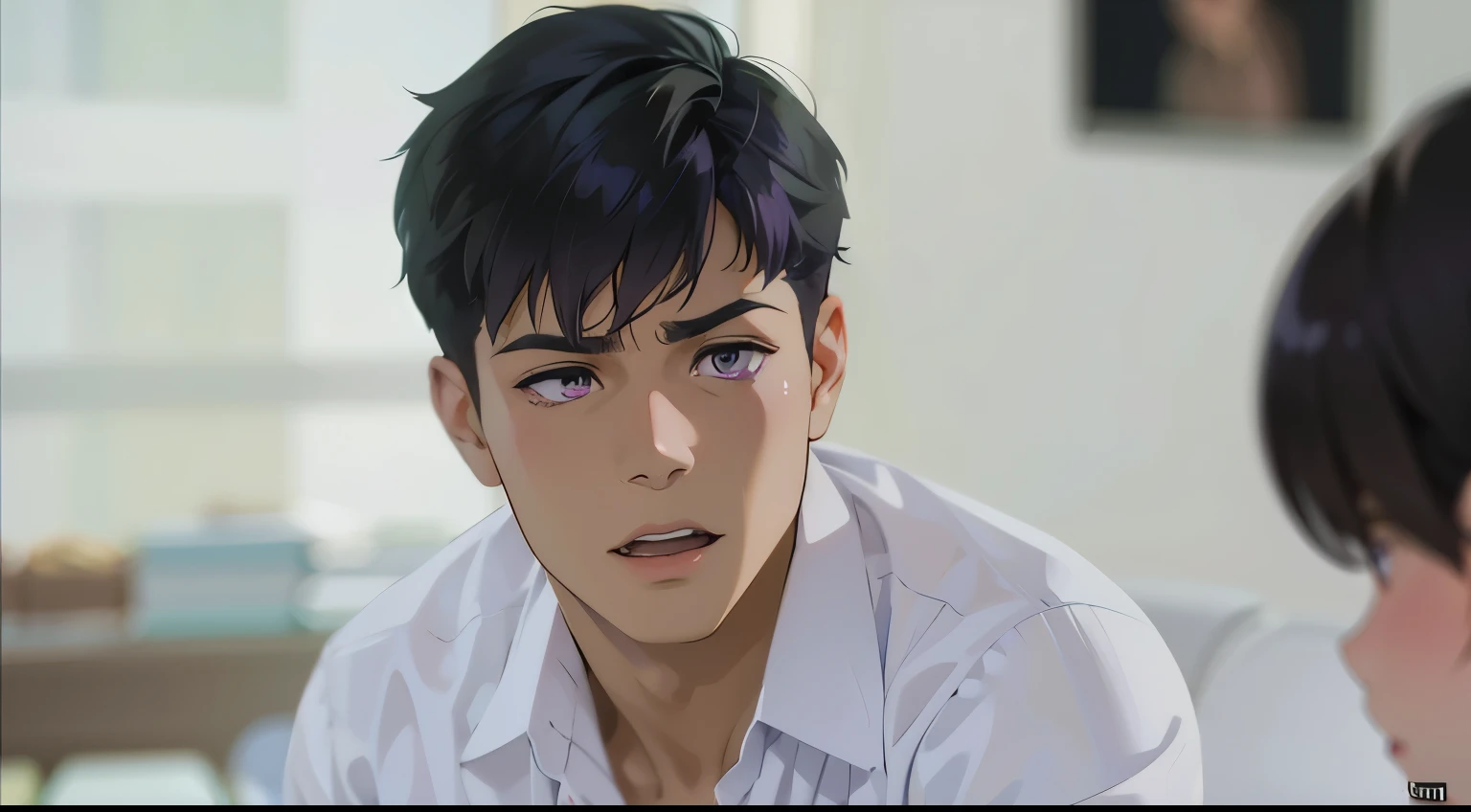 estilo anime, 2d toon style cute 16 year old boy worried purple hair purple eyes