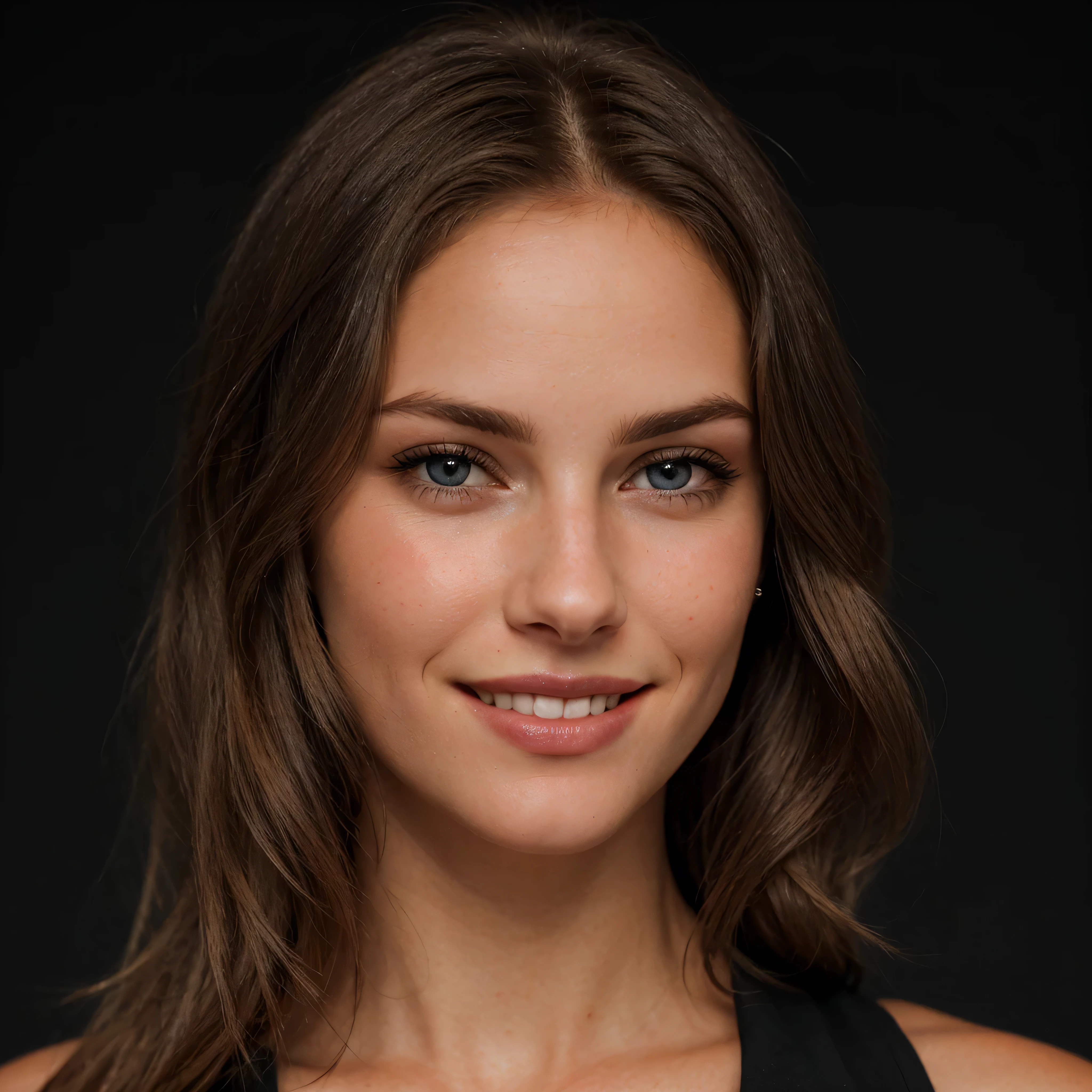 a closeup dark upper body shot photo of a blonde with perfect eyes, smile, dark background