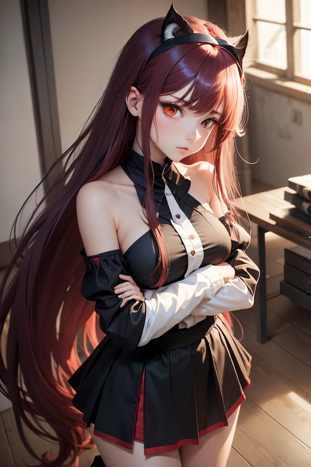 eris greyrat, 1girl, solo, long hair, ahoge, red eyes, red hair, bare shoulders,hairband, crossed arms,blush, skirt, black hairband, breasts, detached sleeves,bangs, hair between eyes, long sleeves, hair flaps, closed mouth, black skirt, brown skirt, shirt, crossed bangs, very long hair, white shirt,biwm,pointing at self,shouting,angry, lifting skirt,