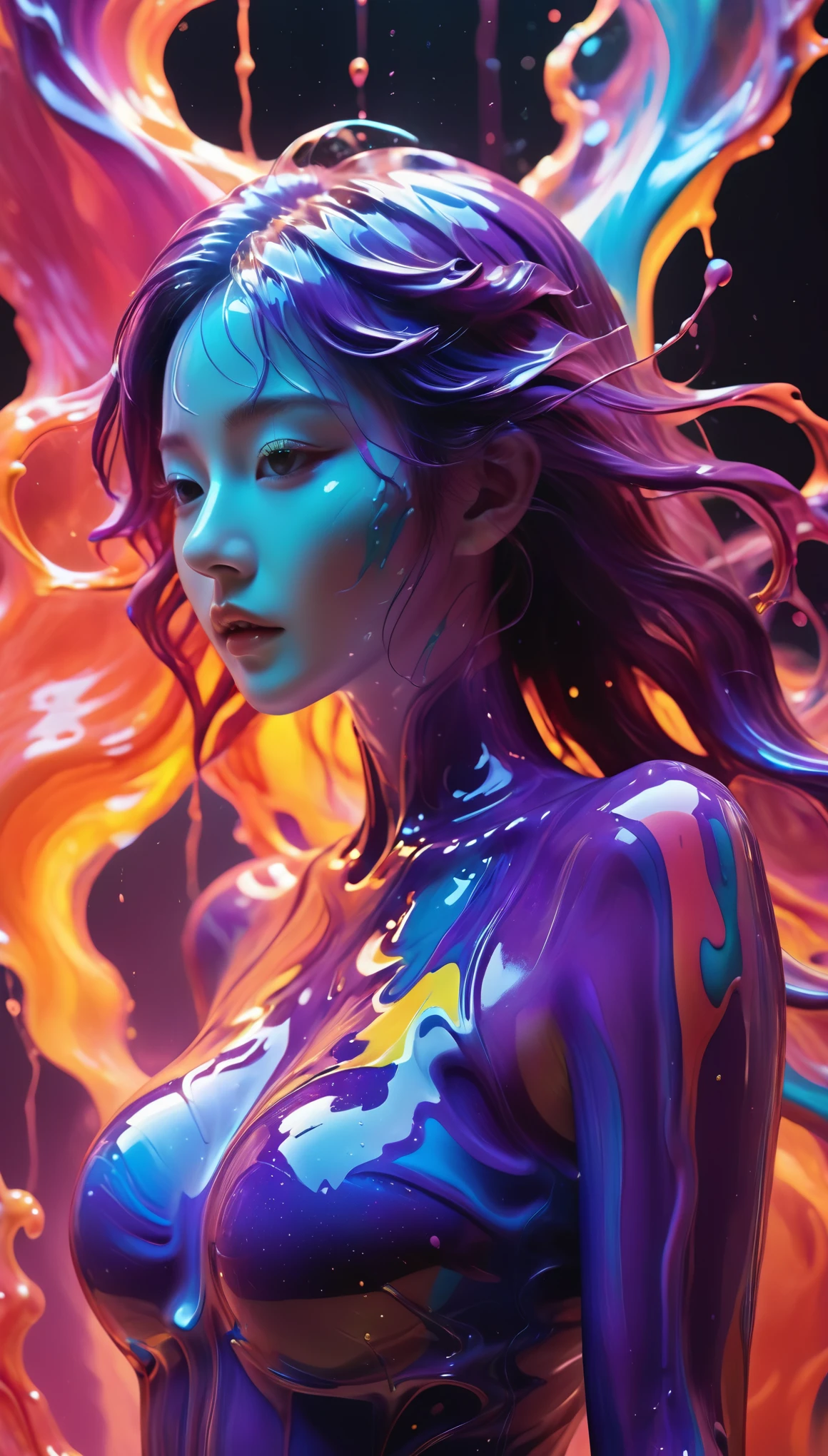(((photographic， photo， photogenic)))， extremely high quality high detail RAW color photo， woman in dynamic pose， face covered in vibrant paint， fluid landscapes merging with form， luminous 3D objects interplaying with figure， hyper-detailed illustrations， sensation of melting across the composition， flat yet expressive artistic approach， glowwave aesthetic， full body capture， illuminated textures， glowing accents， vivid color palette， energy and motion encapsulated， fluidity and light dynamics， striking visual contrast， artful fusion of figure and abstract elements ,