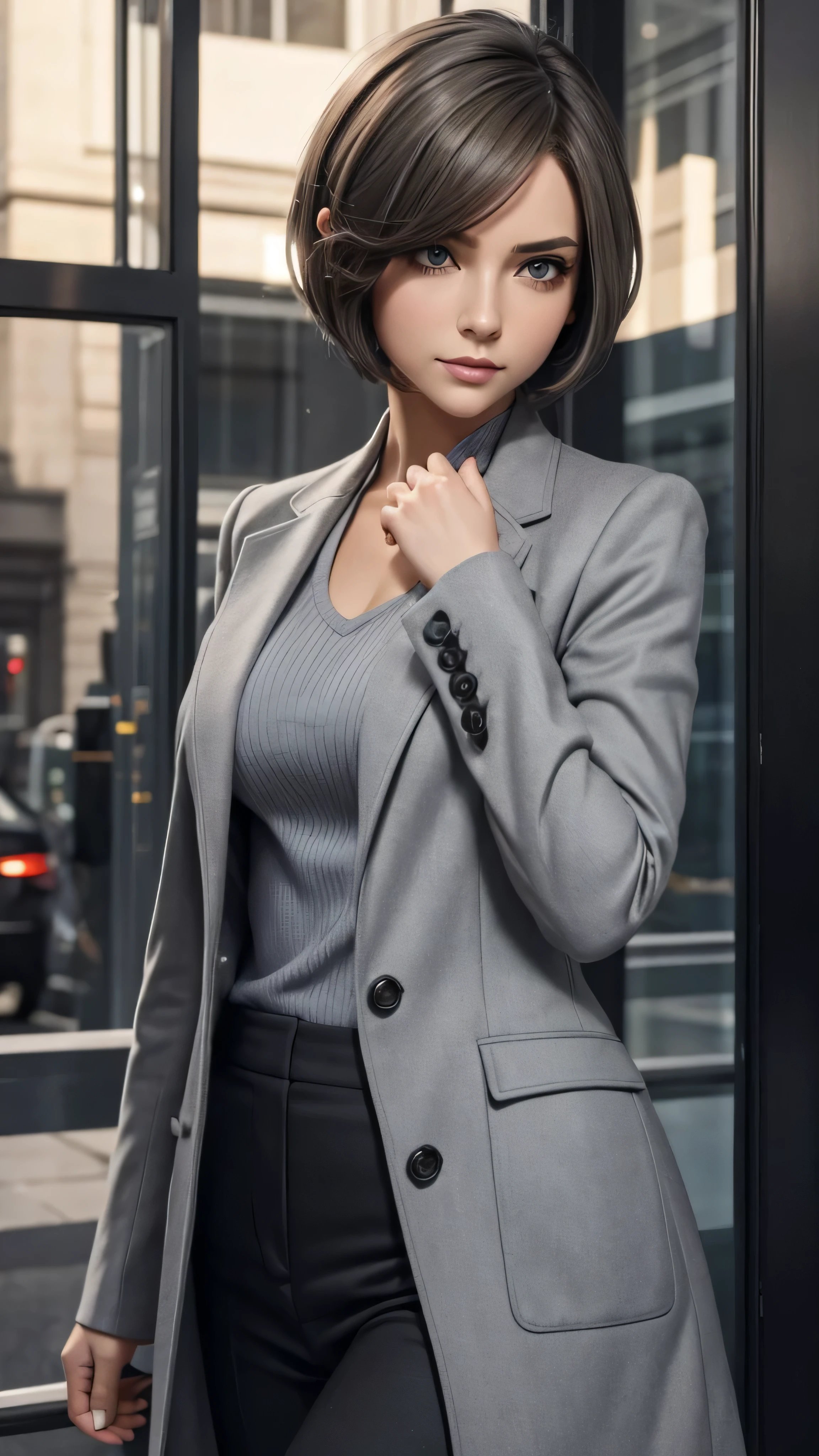 beautiful woman, british woman, masterpiece, best quality, ultra detailed, photo realistic, shiny eyes, detailed face, full body, beautiful eyes, grey eyes, detailed eyeshadows, detailed eyelashes, grey hair, side apart french bob hairstyle, (attractive:1.5), sharp focus, puffy eyes, aggressive look, starring, (short hair:1.3), tight sci-fi grey speerise suit with grey long coat, heroic, (beautiful:1.5)