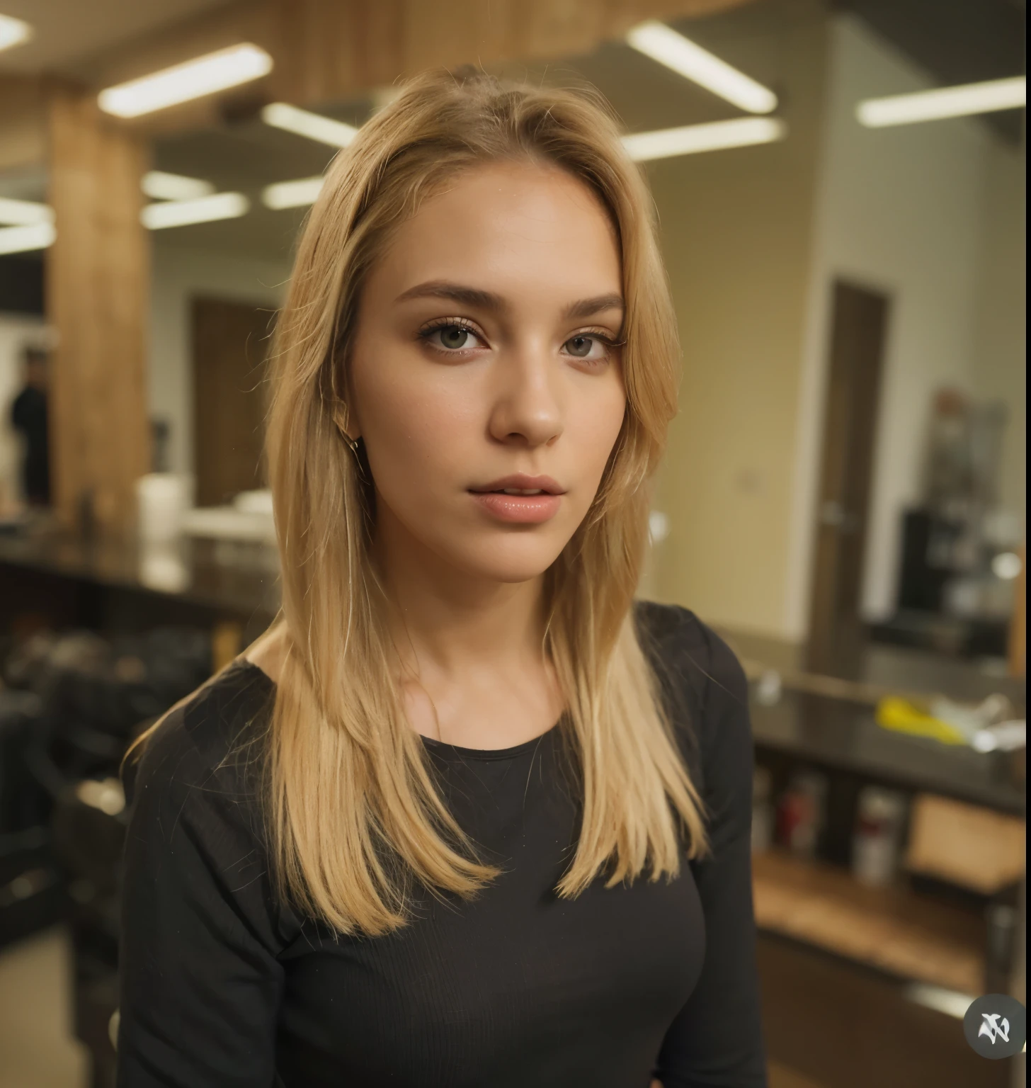 Aesthetically pleasing works of art, woman, blond hair, Black Eyes, straight hair, flushed cheeks, full lips, mischievous look, light brown skin, short red dress, sexy body