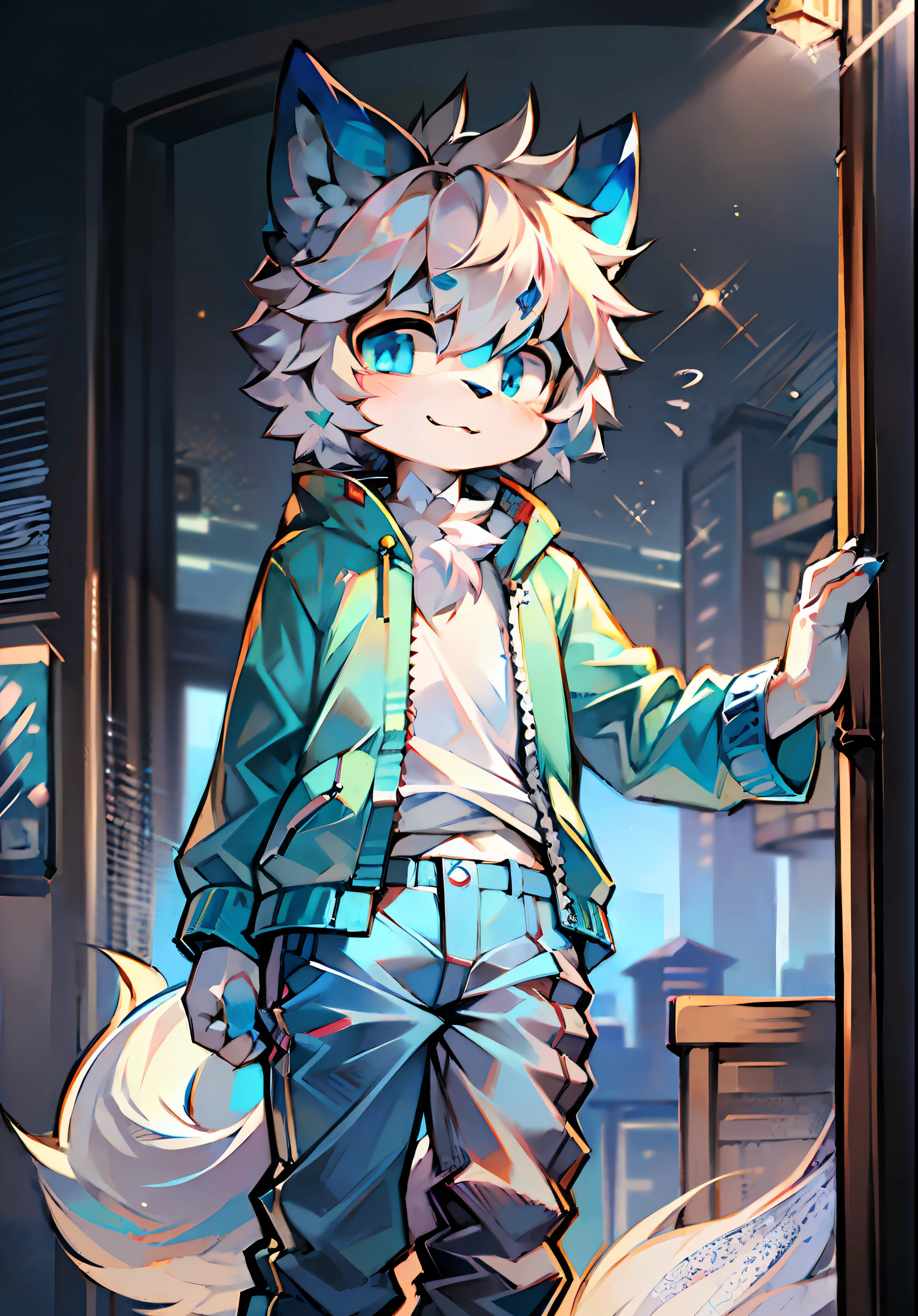 The eyes are bright., in panoramic view, Single focus character, hairy, หมาป่าขนlong, Blue-white fur for men, blue eyes, white hair(long) style,A little cute, I'm going to sell it.,Wear blue clothes and pants.,the character is standing