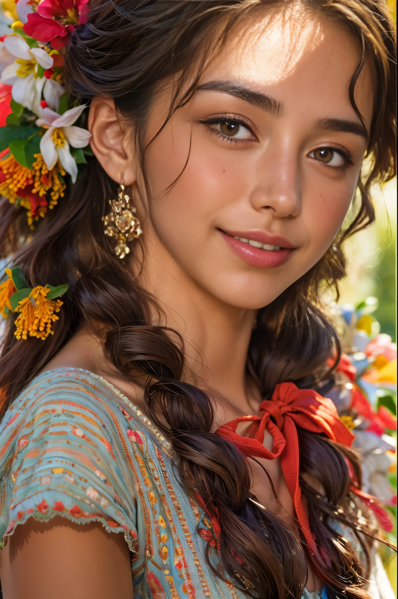 (best quality,realistic:1.2),beautiful Spanish girl,detailed eyes,luscious lips,flowing brunette hair,warm sunlight,captivating smile,vibrant colors,traditional Spanish dress, river and flowers background, floral elements,rich texture,portrait style,soft and natural lighting, (NSFW:1.3)