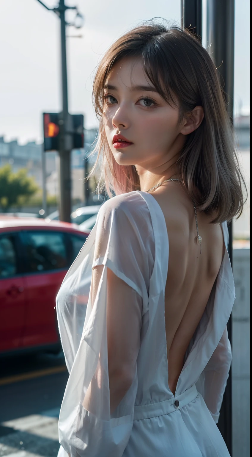 masutepiece,8K,masutepiece,Best Quality, Extremely detailed, Best Quality++, Ultra-detailed+, Dynamic Angle,High resolution,(Beautiful Woman 1.3),(Silver hair,Pink dip die hair 1.1),Bob Hair,Shiny hair,Light green eyes,(((Beautiful gal makeup))),slender,(Smooth back hair 1.5),(Sharp Body 2.0),drooping eyes,grievances,envy, Blunt bangs, Sailor suit, drenched sailor suit, see-through sailor suit,Wet hair, ,rain, rainy bus stop, night, cinematic proof,Wet hair, Wet body, Necklaces, Jewelry