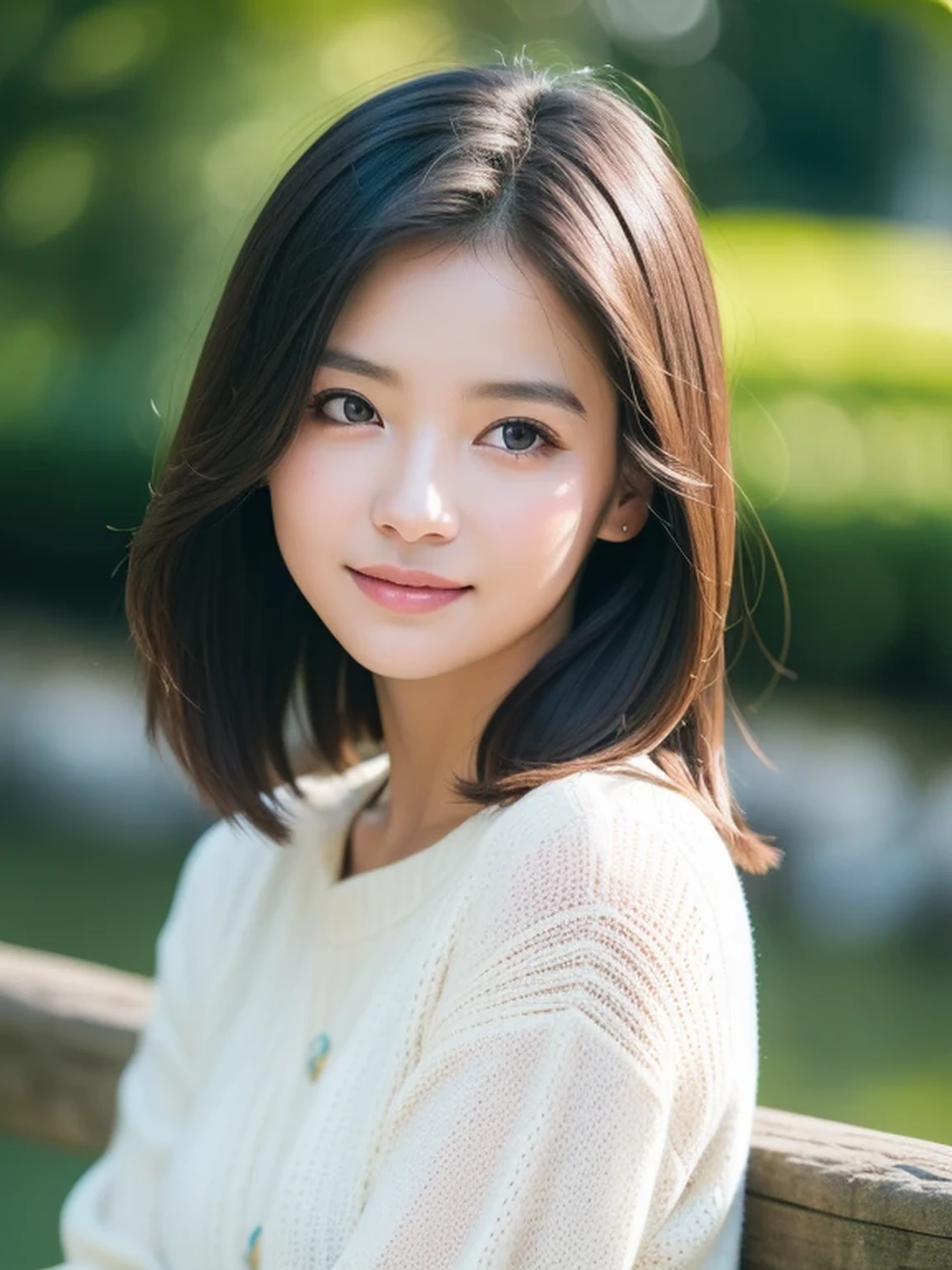 masterpiece, Best Quality, Raw photo, 8K, ultra-detailed face, 1girl, Beautiful detailed skin, backlight, soft light, bashful, (shoot from front:1.2), smile, Luminescent, Anatomically correct, Medium hair swaying in the wind, Eyes and faces with detailed, Textured skin, Professional Photography, Bokeh, Portrait, Professional Lighting, Solo, Cute, Girly, Film grain, sweater, Watermill,