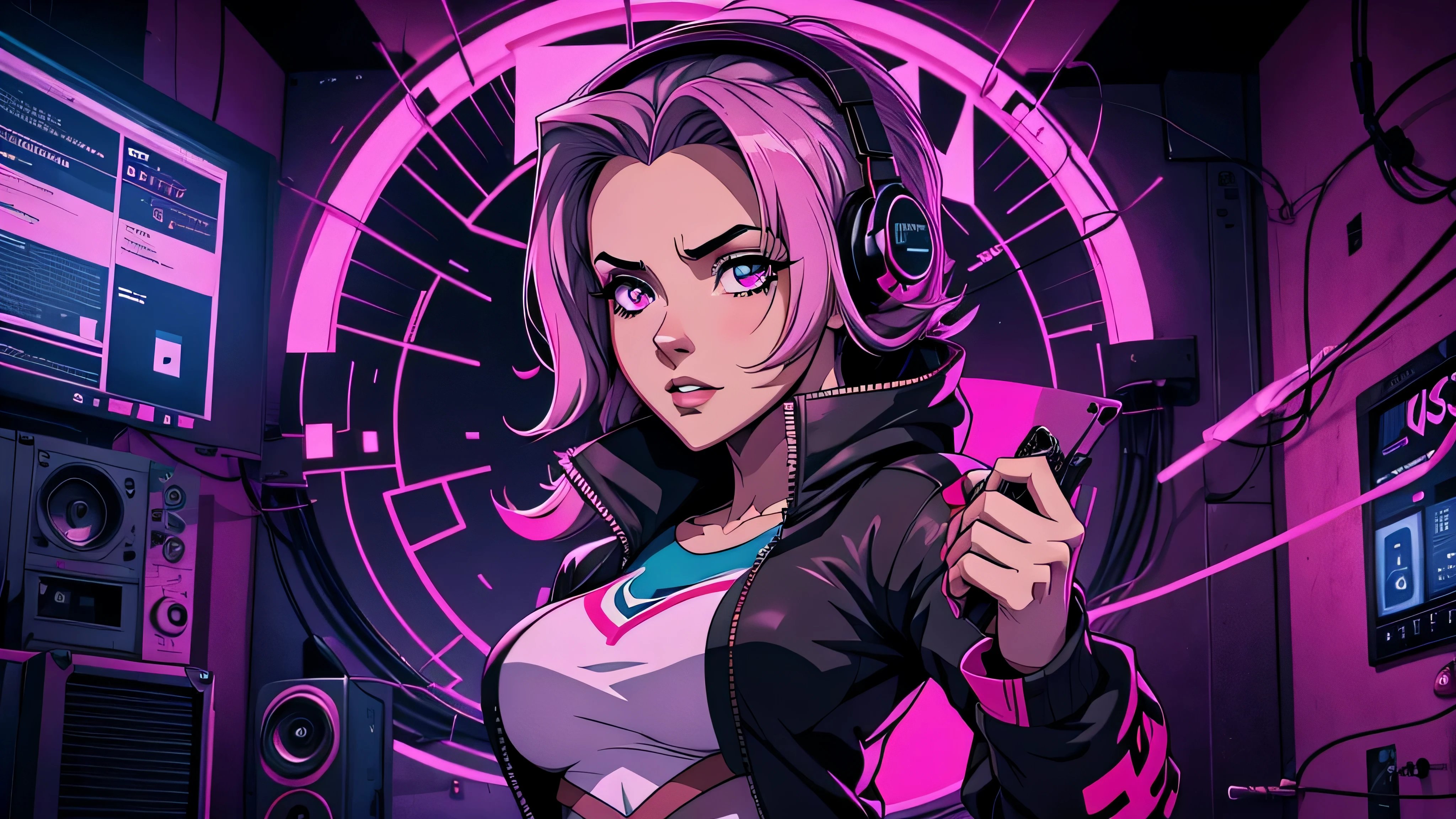 garota de anime, corpo inteiro, telefone, cabine telefonica, olhando para o telefone, Blusa ciberpunk, jaqueta de couro, Martem boots, Fones de ouvido em volta cabelo, Capa do álbum Anime Phonk Brain Sick, musica, ondas sonoras, com cores vermelho e preto neon