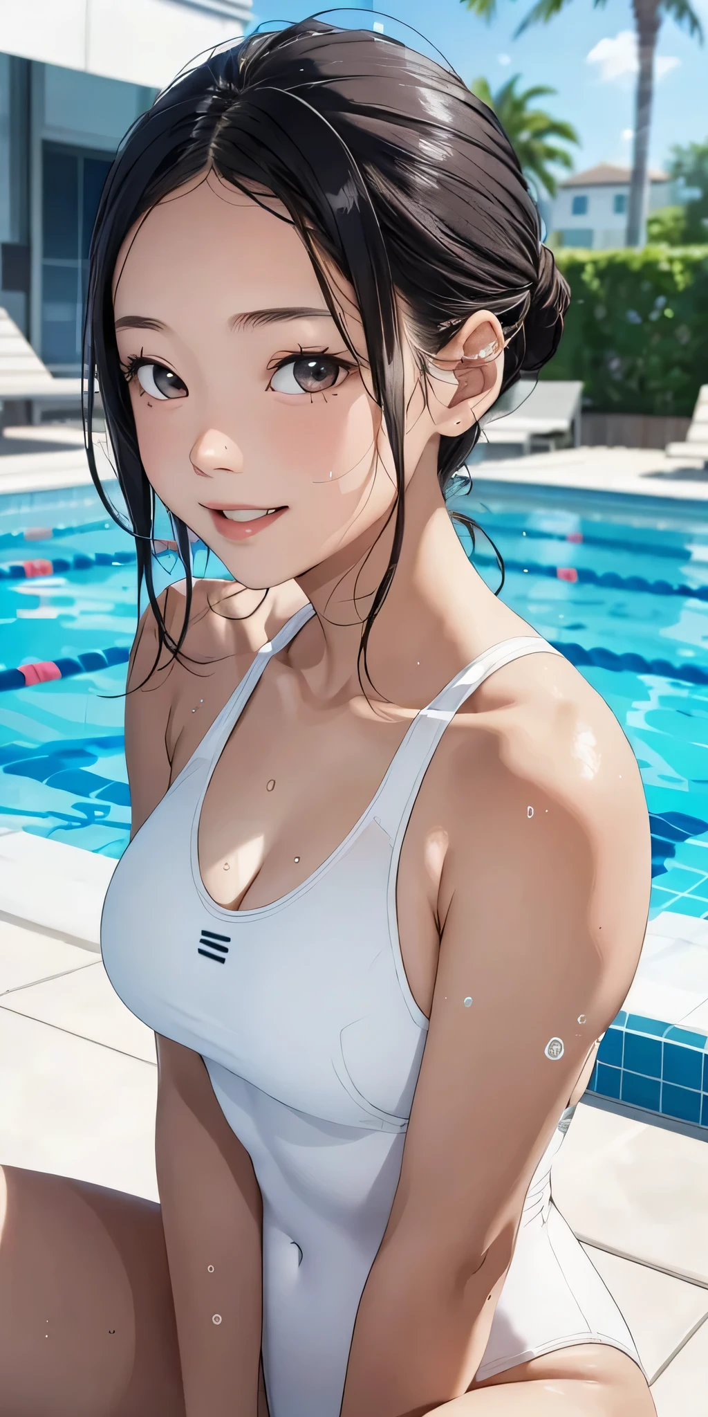 realisticlying、16-year-old girl(1 shiny skin.4)、I'm sweating、Wearing a white competition swimsuit,Smile,Cleavage emphasis,Face Real,lips a little red,cheeks a little red,A sexy,swimming pools
