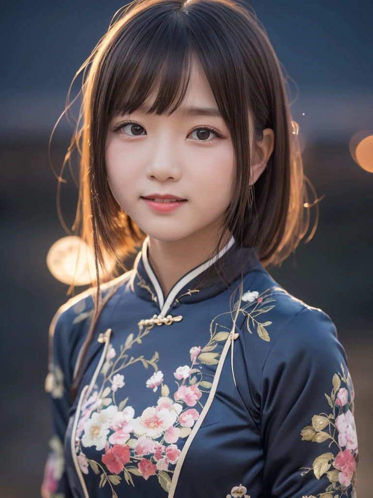 table top, highest quality, 8K, 10years old student girl, Ten generations, RAW photo, absurd, award-winning portraits, smile, alone, (night:1.8), idol face, violaces, delicate girl, Upper body, Digital single-lens reflex camera, looking at the viewer, Frank, Sophisticated,thin arms, professional lighting, film grain, chromatic aberration, (Eye and face details:1.0), (Bokeh:1.1) , (qipao dress:1.2) , close your mouth