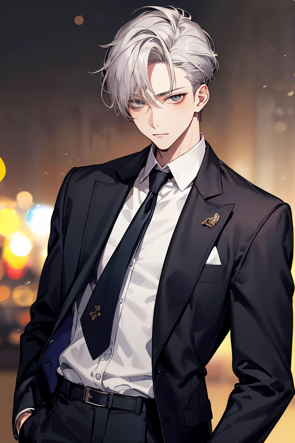 1 boy, face focus, adult, suit, Jacket, white shirt, tie, pants, highest quality, facial details, detailed background, background bokeh、gray hair、mafia