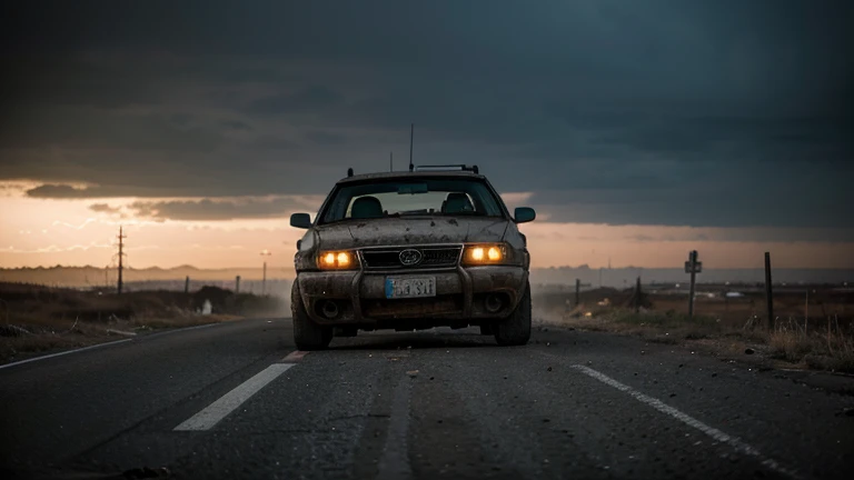 .(obra de arte), (melhor qualidade), (detalhado), landscape reminiscent of radioactive fallout, post-apocalyptic environment, Dark and atmospheric, cyberpunk and post-apocalyptic elements, paisagem urbana desolada, ruined buildings, abandoned vehicles, Fog and darkness engulfing the scene, High resolution 8K image, capturing the strange and mysterious essence of a world transformed by catastrophe