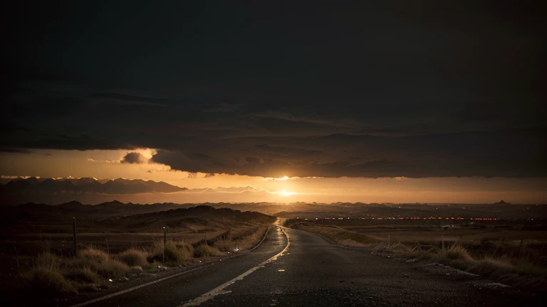 .(obra de arte), (melhor qualidade), (detalhado), landscape reminiscent of radioactive fallout, post-apocalyptic environment, Dark and atmospheric, cyberpunk and post-apocalyptic elements, paisagem urbana desolada, ruined buildings, abandoned vehicles, Fog and darkness engulfing the scene, High resolution 8K image, capturing the strange and mysterious essence of a world transformed by catastrophe